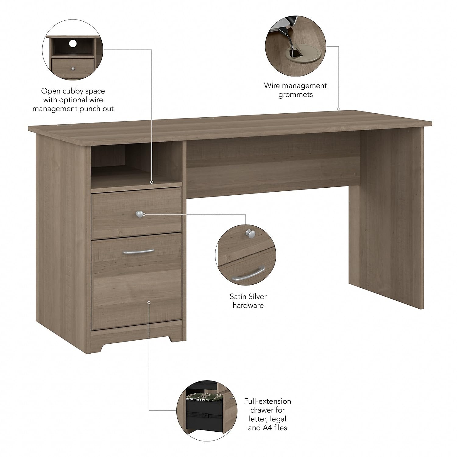 Bush Furniture Cabot 60W Home Office Desk with Storage Drawers & Chrome Hardware - Elegant Computer Workstation for Small Spaces, Remote Work & Study - Ash Gray Finish