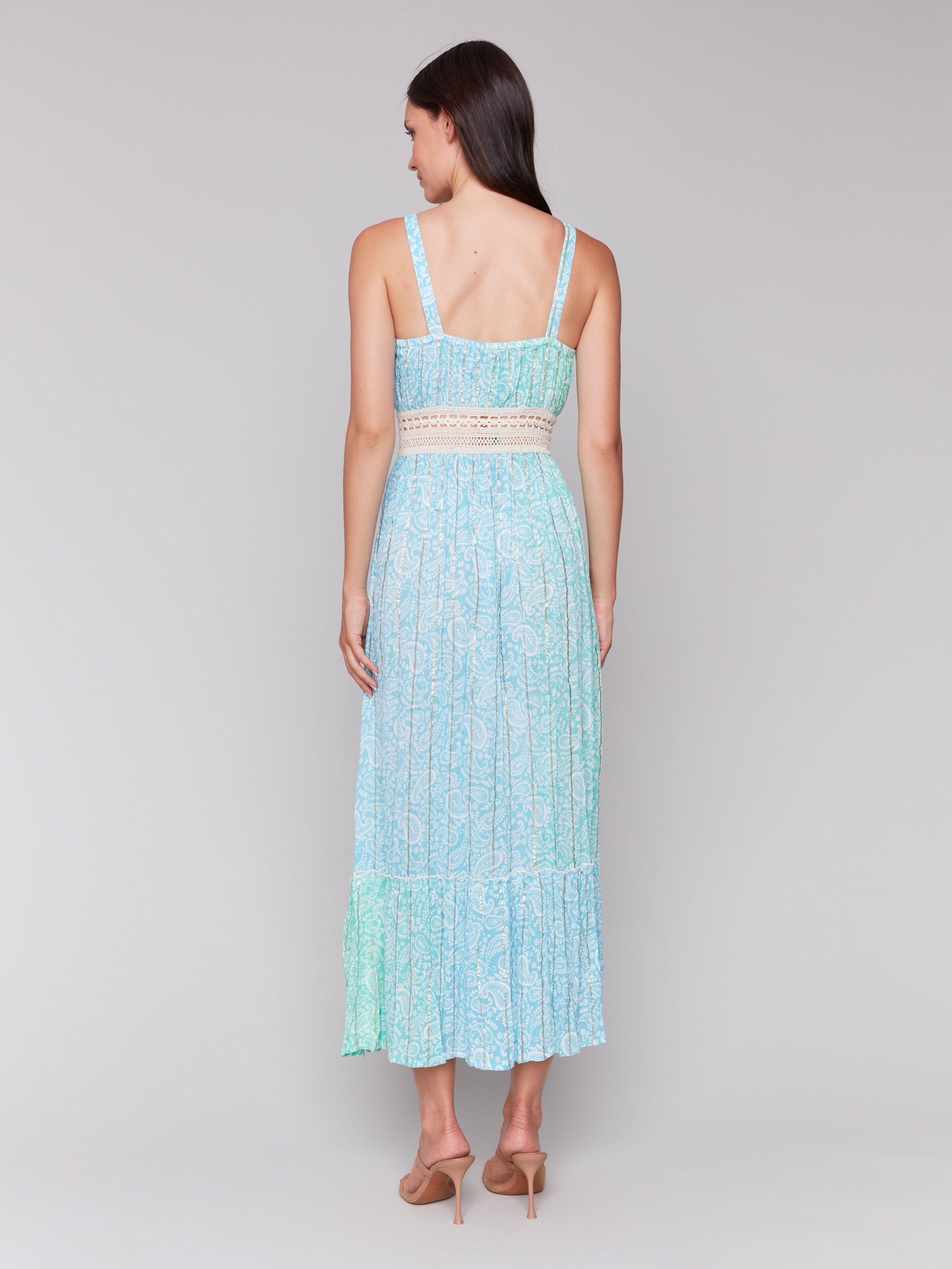 Elegant Foil Ombre Tiered Maxi Dress in Lagoon - Perfect for Beach Weddings, Summer Vacations & Evening Parties