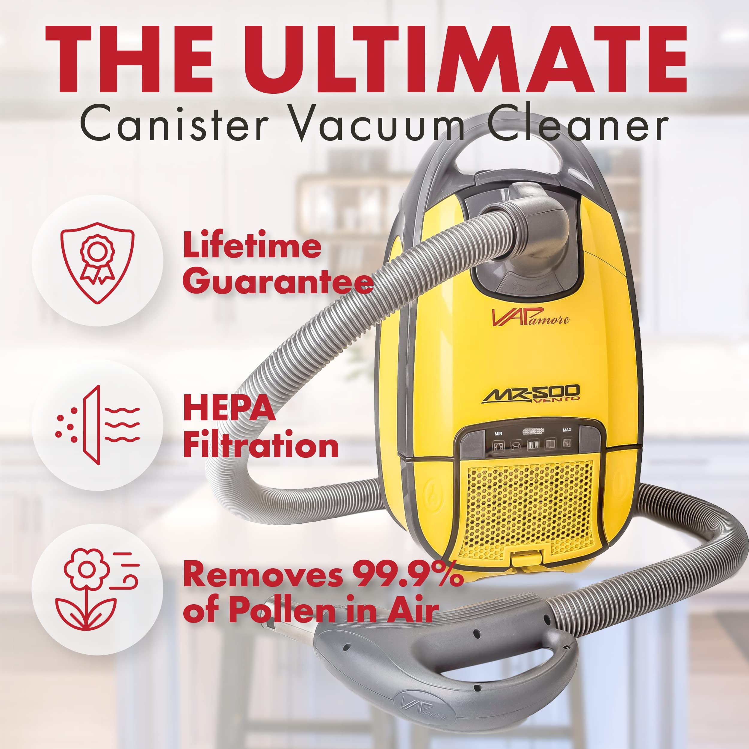 Vapamore MR-500 Vento Professional Canister Vacuum Cleaner with HEPA Filtration & Pet Hair Tools - Multi-Surface Cleaning for Carpets, Hard Floors & Upholstery - Perfect for Home, Office & Pet Owners