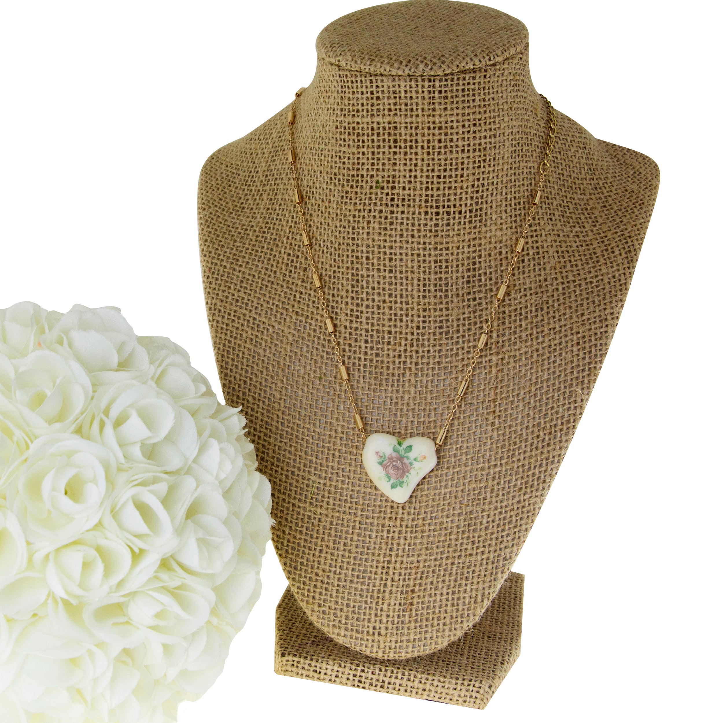 1928 Jewelry 85' Porcelain Heart & Rose Pendant Necklace - Vintage Inspired Jewelry with 15
