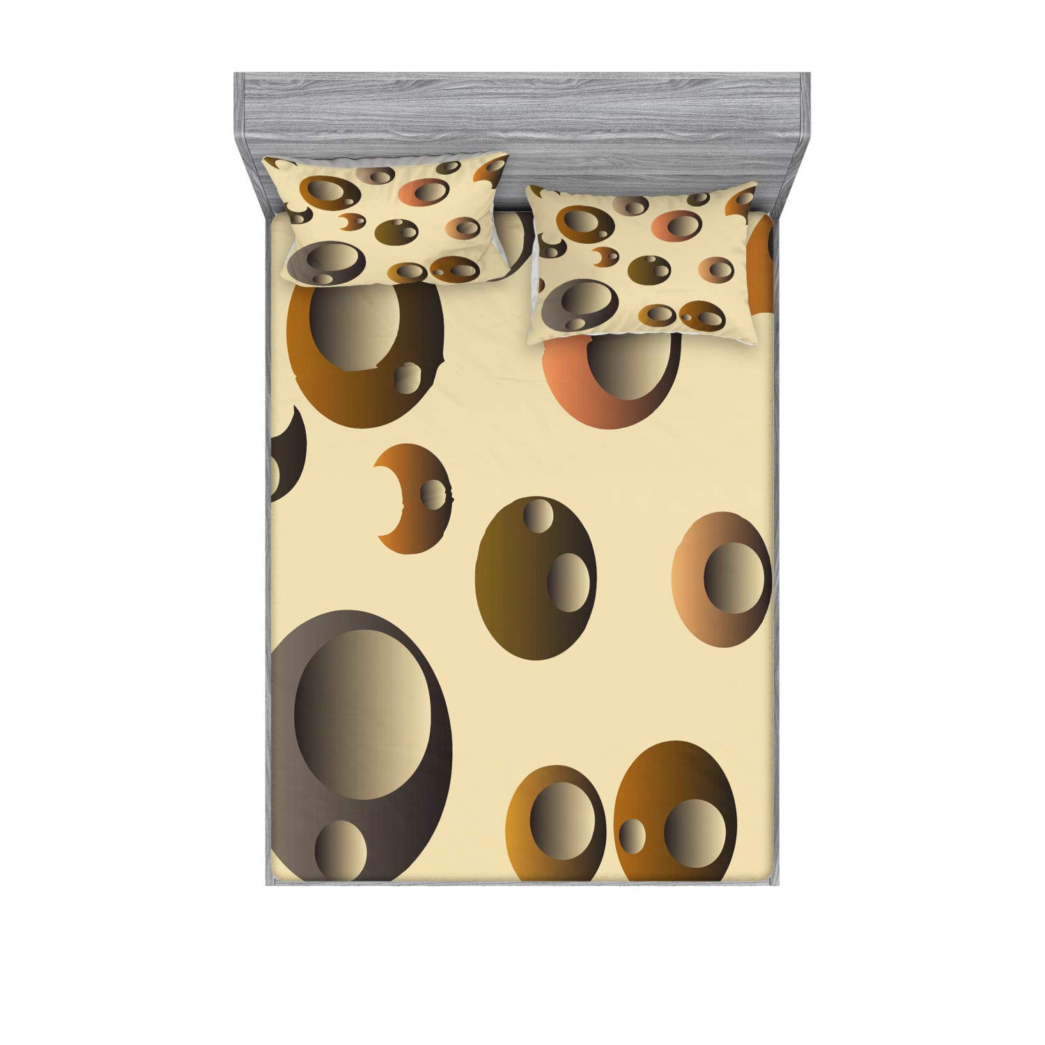 Ambesonne Retro 3-Piece Bedding Set - Funky Bubbles Abstract Print Fitted Sheet & Pillow Shams, Queen Size, Pale Brown Caramel | Vintage Home Decor for Guest Rooms & Boho Bedrooms
