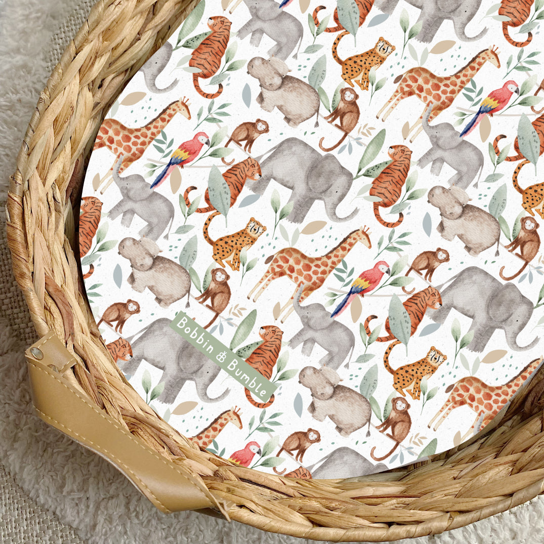 Colorful Jungle Animals PVC Changing Basket Liner - Waterproof Baby Changing Pad Cover for Nursery | Bobbin and Bumble | Perfect for Diaper Changing Stations & Baby Gift Registry