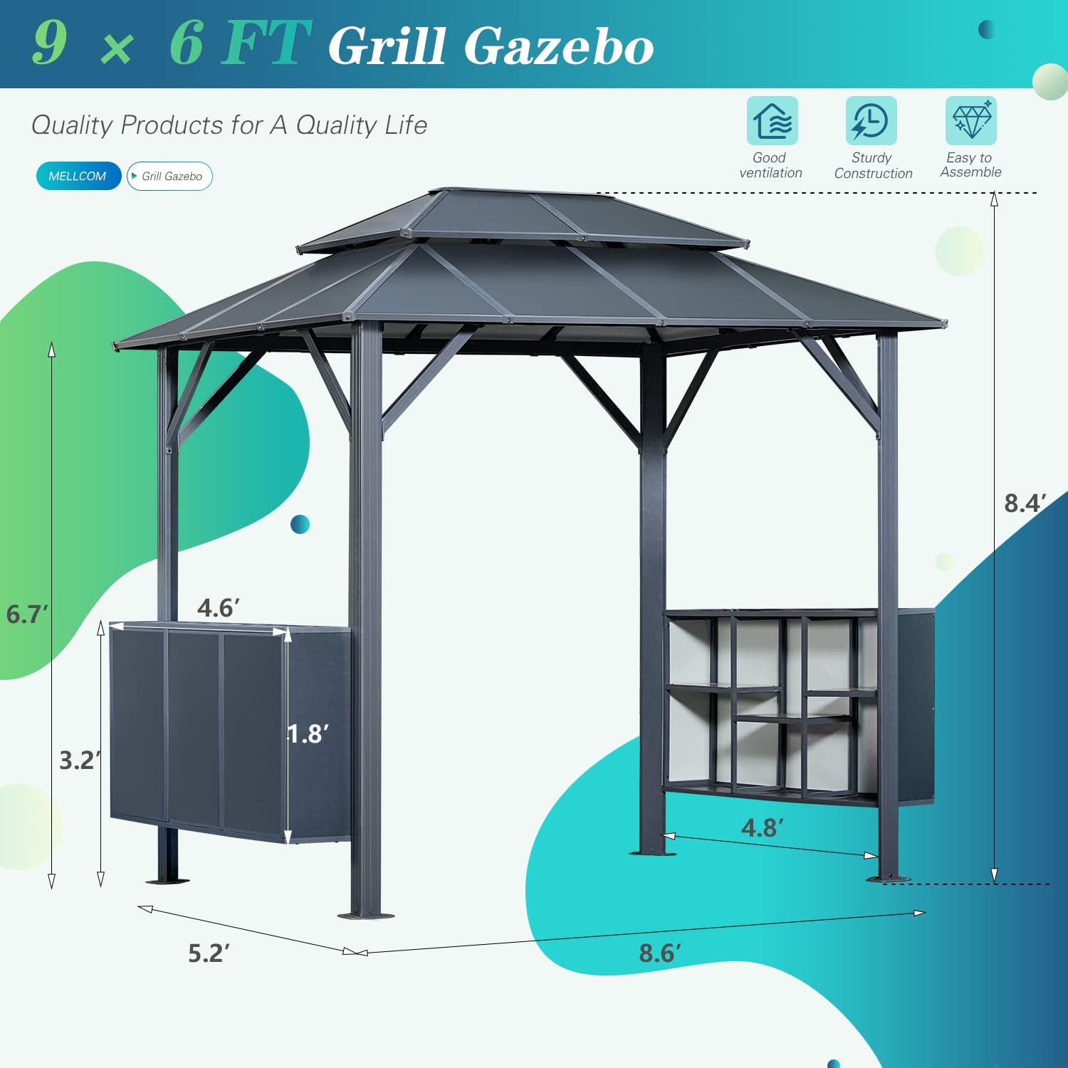 EROMMY 9x6 Outdoor Gazebo with Canopy - Perfect for BBQ Grill, Patio, Backyard, and Garden Parties