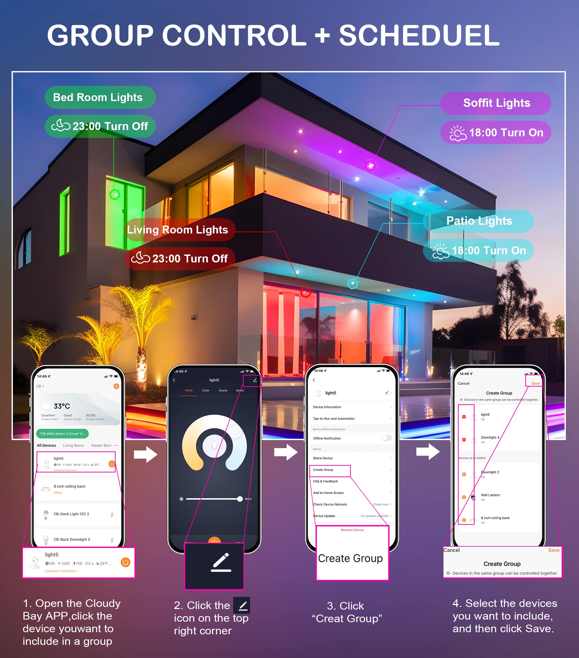 CLOUDY BAY Smart Recessed Ceiling Lights 2 Pack - Multicolor RGB LED with 800 Lumens & 2700K-6500K CCT - Voice Control via Alexa/Google Assistant - App & Timer Function - Perfect for Living Room, Bedroom & Kitchen Lighting