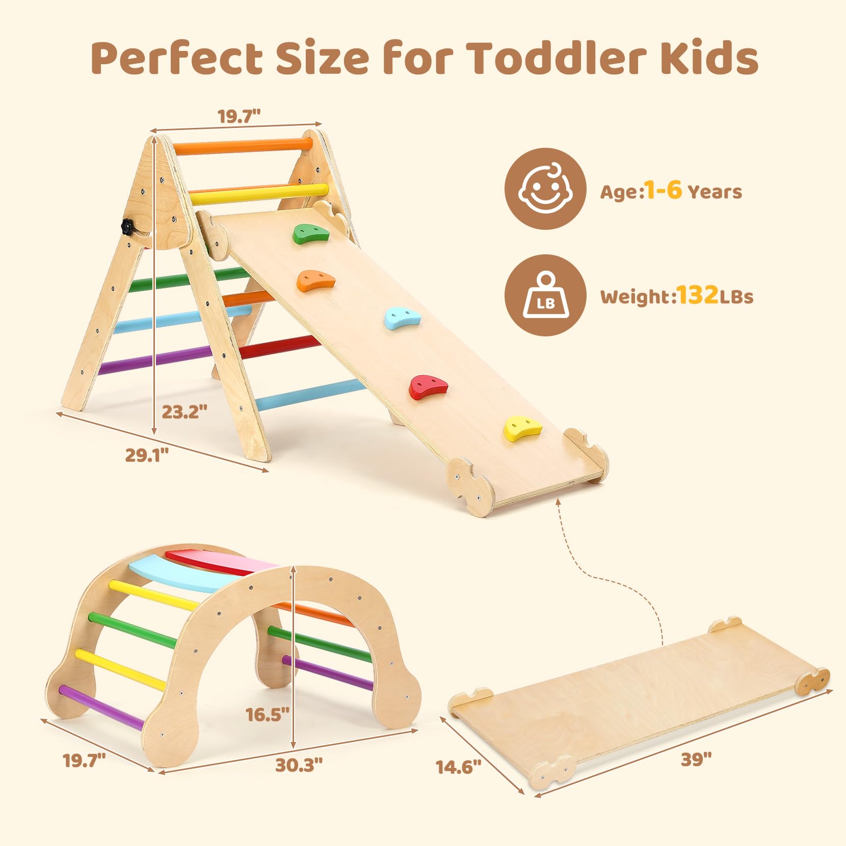 YOLEO 7-in-1 Foldable Pikler Triangle Set - Large Montessori Wooden Climbing Toys for Toddlers Ages 1-3 | Indoor Playground & Jungle Gym Playset with Rainbow Arch | Perfect for Home Playrooms, Daycares & Montessori Classrooms
