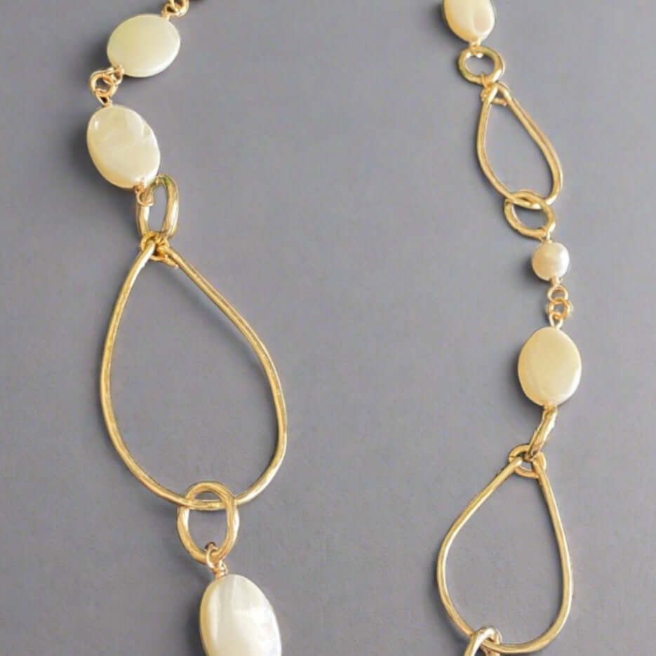 Handmade Mother of Pearl Hammered Hoop Necklace - USA Crafted Jewelry for Women, Boho Chic Accessory for Beach Weddings & Summer Outfits