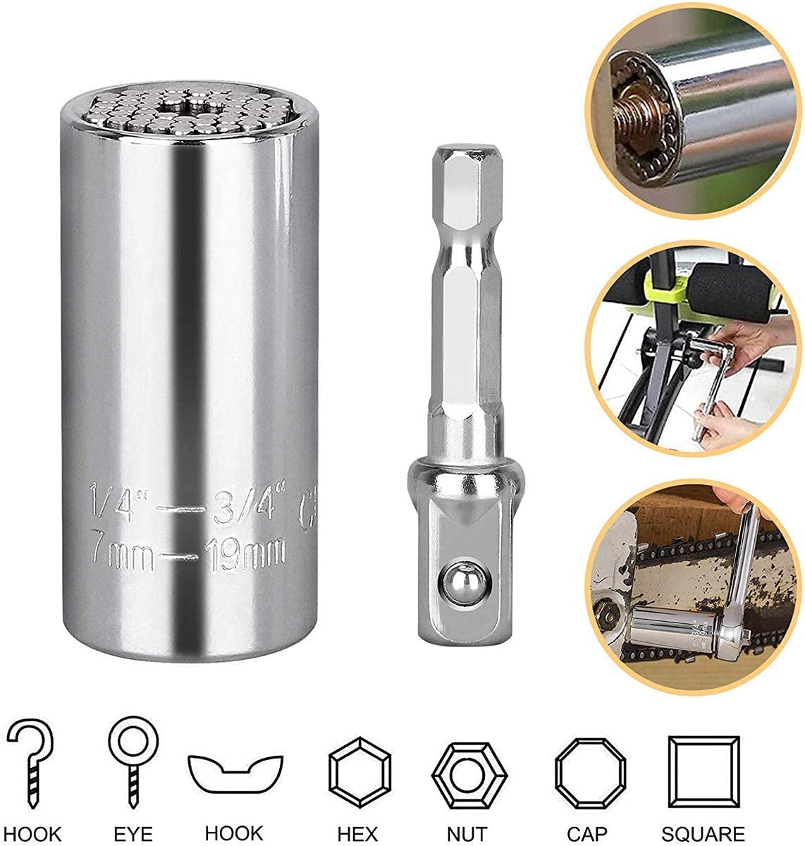 FVLFIL 4-Piece Universal Socket Wrench Set (7-19mm) - Multi-Function Ratchet Hand Tool Kit for Car Repair, Home Maintenance & DIY Projects