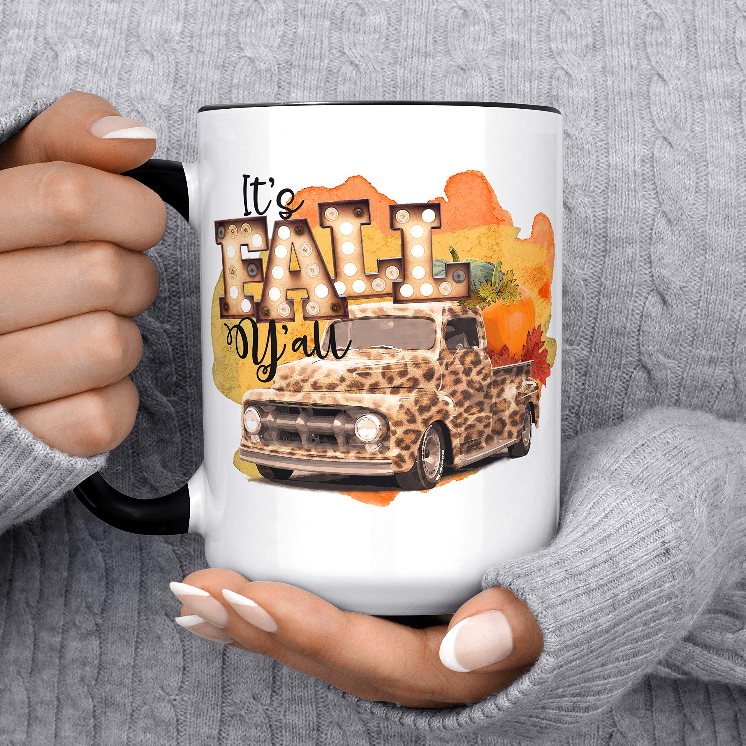 Fall Y'all Coffee Mug - Autumn Themed Ceramic Cup | Microwave & Dishwasher Safe | Pumpkin Leopard Print Truck Design | Perfect for Pumpkin Spice Lattes, Office Use & Cozy Fall Mornings