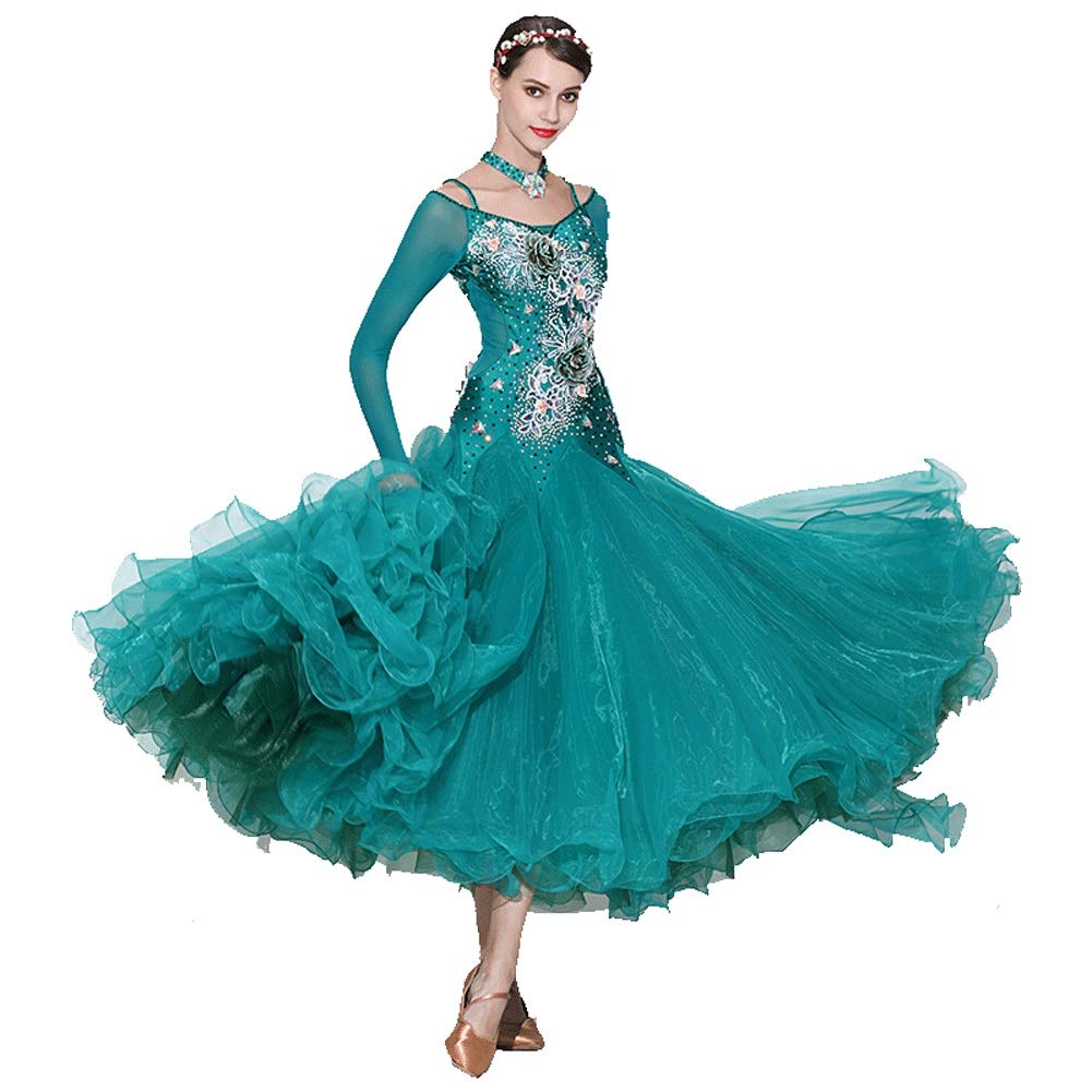 Zjx Chicken Heart V-Neck National Dance Costume with Rhinestone Inserts, 3D Modern Dance Skirt Dress for Big Performances, Perfect for Stage Shows and Cultural Events