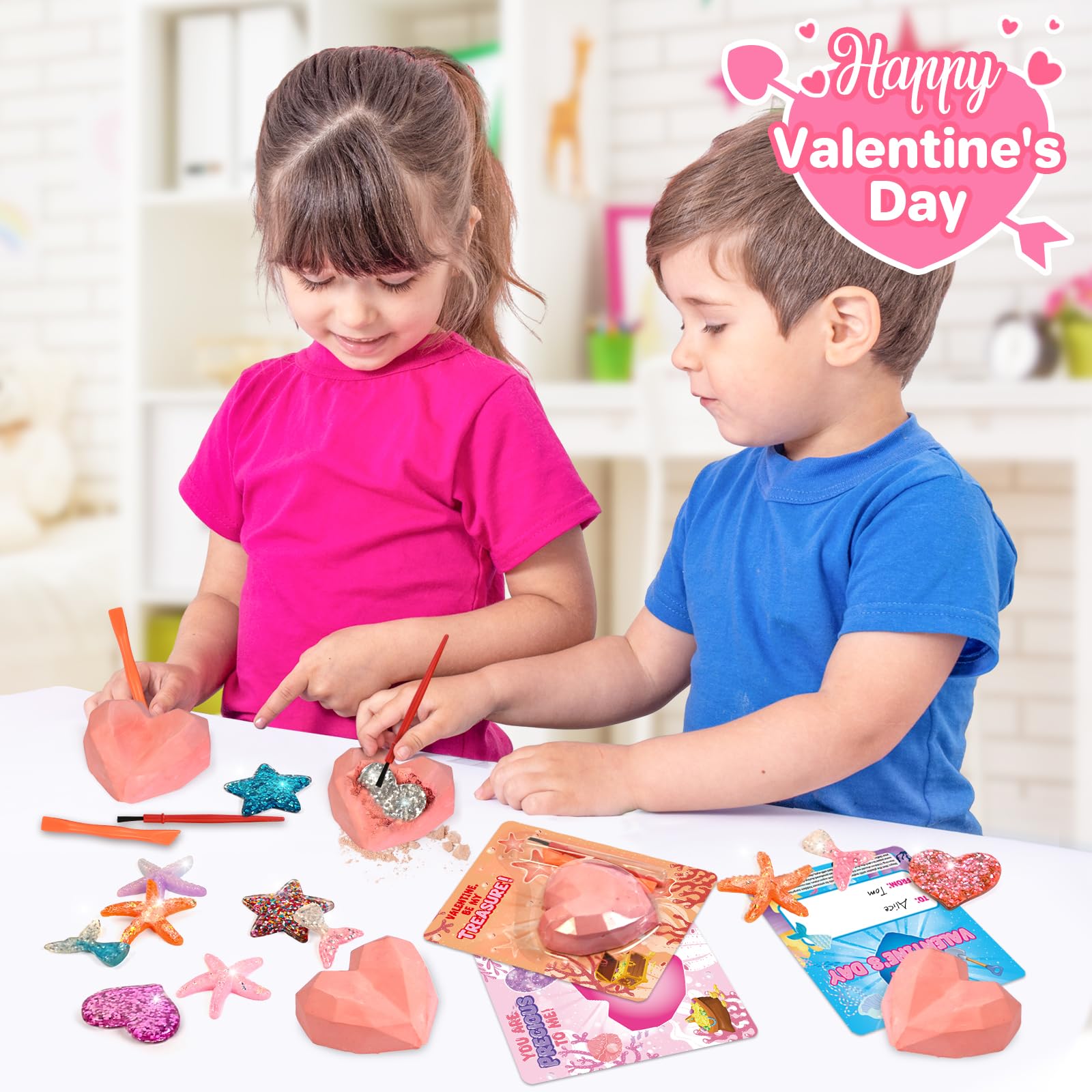Valentine's Day Cards for Kids - 24 Pack Classroom Valentines with Heart-Shaped Plaster Dig Kits - Fun Exchange Cards & Gifts for Boys & Girls - Perfect for School Parties, Classroom Prizes & Valentine's Day Celebrations