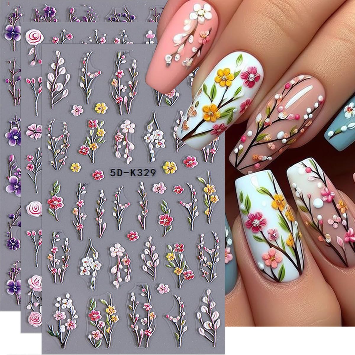 5D Flower Nail Art Stickers - Self-Adhesive Spring Nail Decals (3PCS) - Purple & Yellow Rose Design for DIY Manicure | Perfect for Spring Parties, Weddings, and Nail Salon Decorations