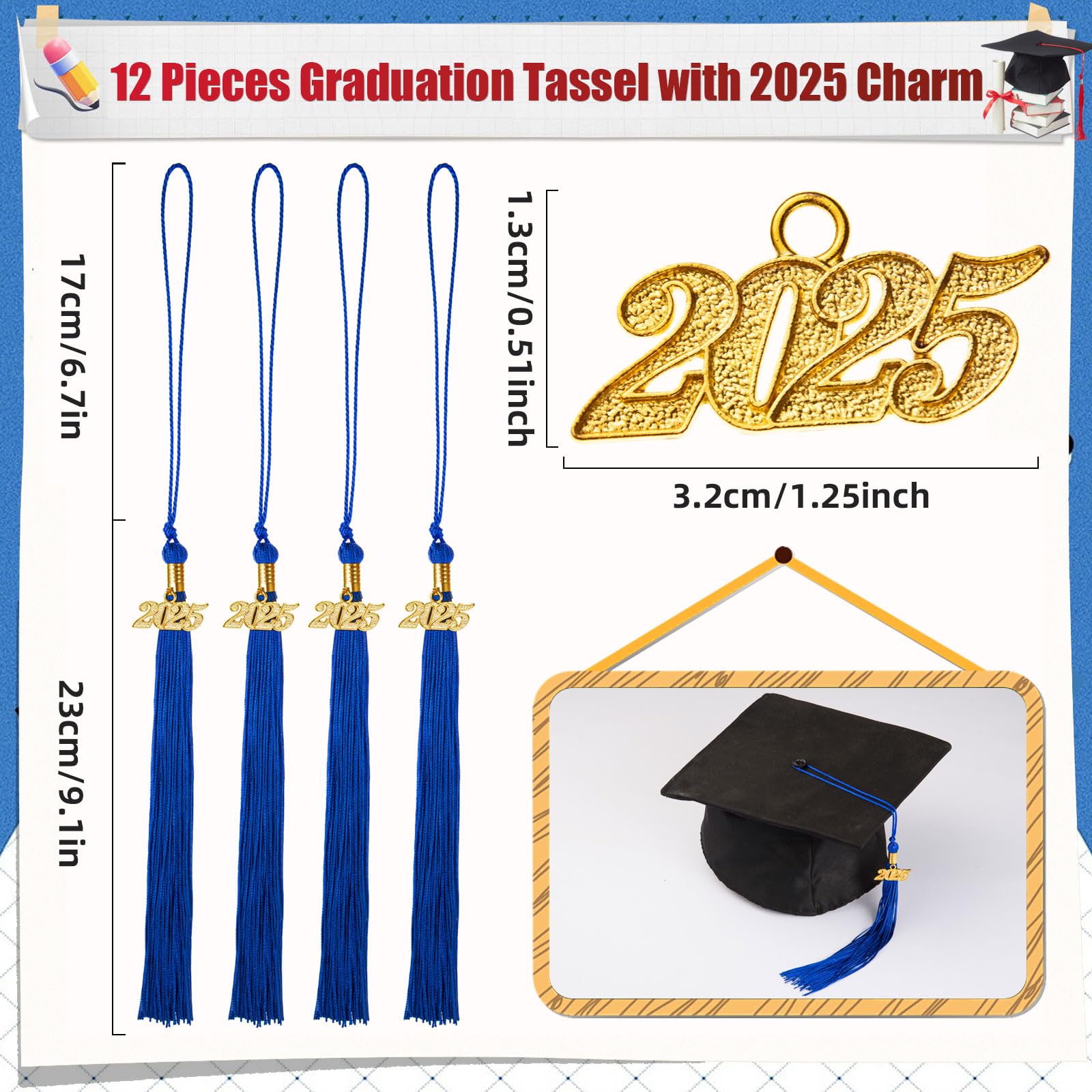 12 Pack 2025 Graduation Tassels with Charm - Blue Cap Decorations for Graduation Ceremony & Party Supplies - Perfect for High School and College Commencement Celebrations