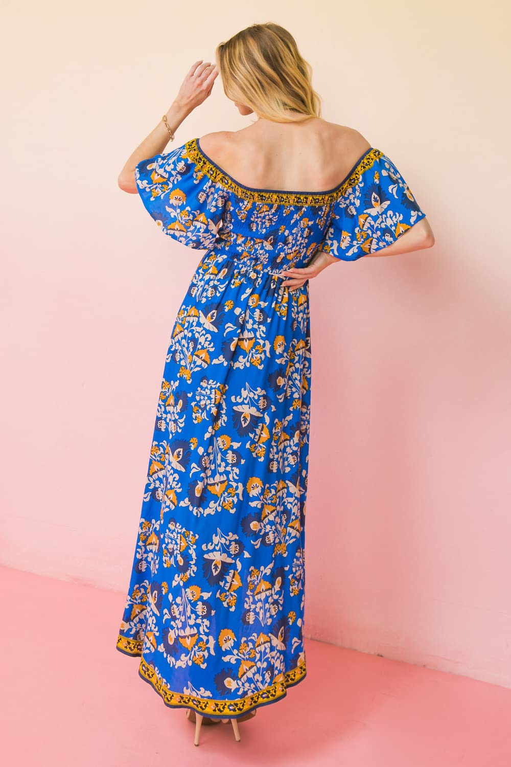 Bohemian Off Shoulder Maxi Dress with Hi-Low Hem - Tropical Floral Smocked Summer Dress for Beach Vacation & Outdoor Party