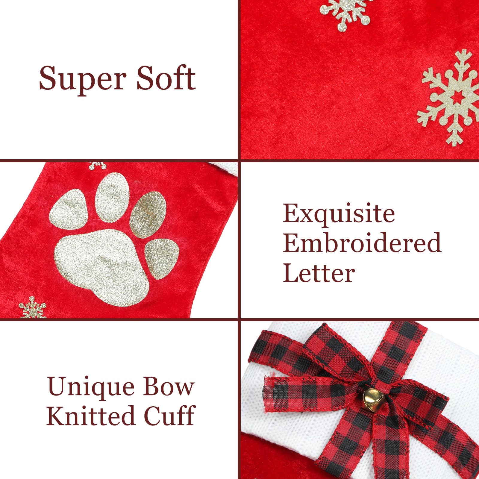 HMASYO 20 Inch Red Velvet Personalized Christmas Stocking for Pets - Embroidered Paw Design with Bow & Knitted Cuff - Large Dog Cat Holiday Stocking for Family Decor - Perfect for Fireplace Mantel & Christmas Tree Decoration