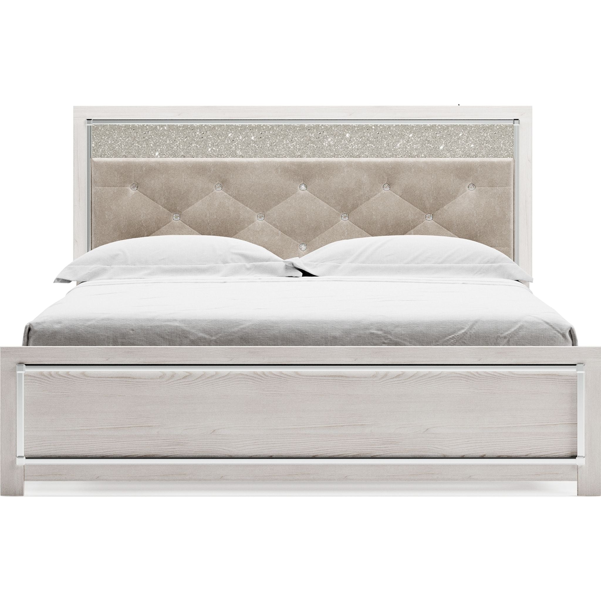 Altyra White Panel Bed Frame - Queen Size, Modern Platform Bed with Upholstered Headboard for Bedroom Decor