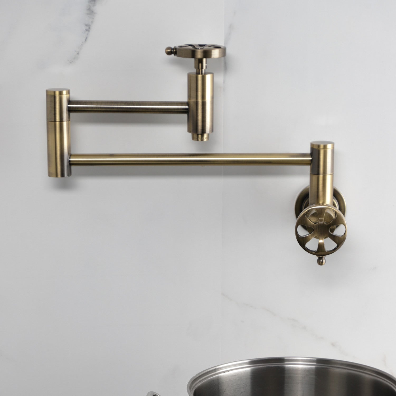 Belknap KS8103RX Two Handle Wall Mount Pot Filler Faucet in Antique Brass - Perfect for Kitchen Sink, Stove & Cooking Area Water Dispenser