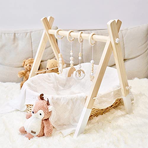 Wooden Baby Play Gym - Foldable Activity Gym with 4 Hanging Toys for Infant Development | Montessori Learning Toy for Newborns & Toddlers | Perfect Nursery Gift for Baby Girls & Boys | Great for Tummy Time & Sensory Play