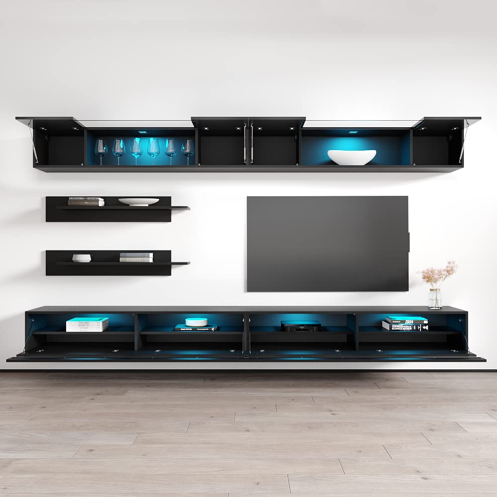 Modern Floating TV Stand with Storage & LED Lights - Wall-Mounted Entertainment Center for Bedroom & Living Room - Space-Saving TV Console with Shelves - Black - Perfect for Small Spaces & Home Theater Setup