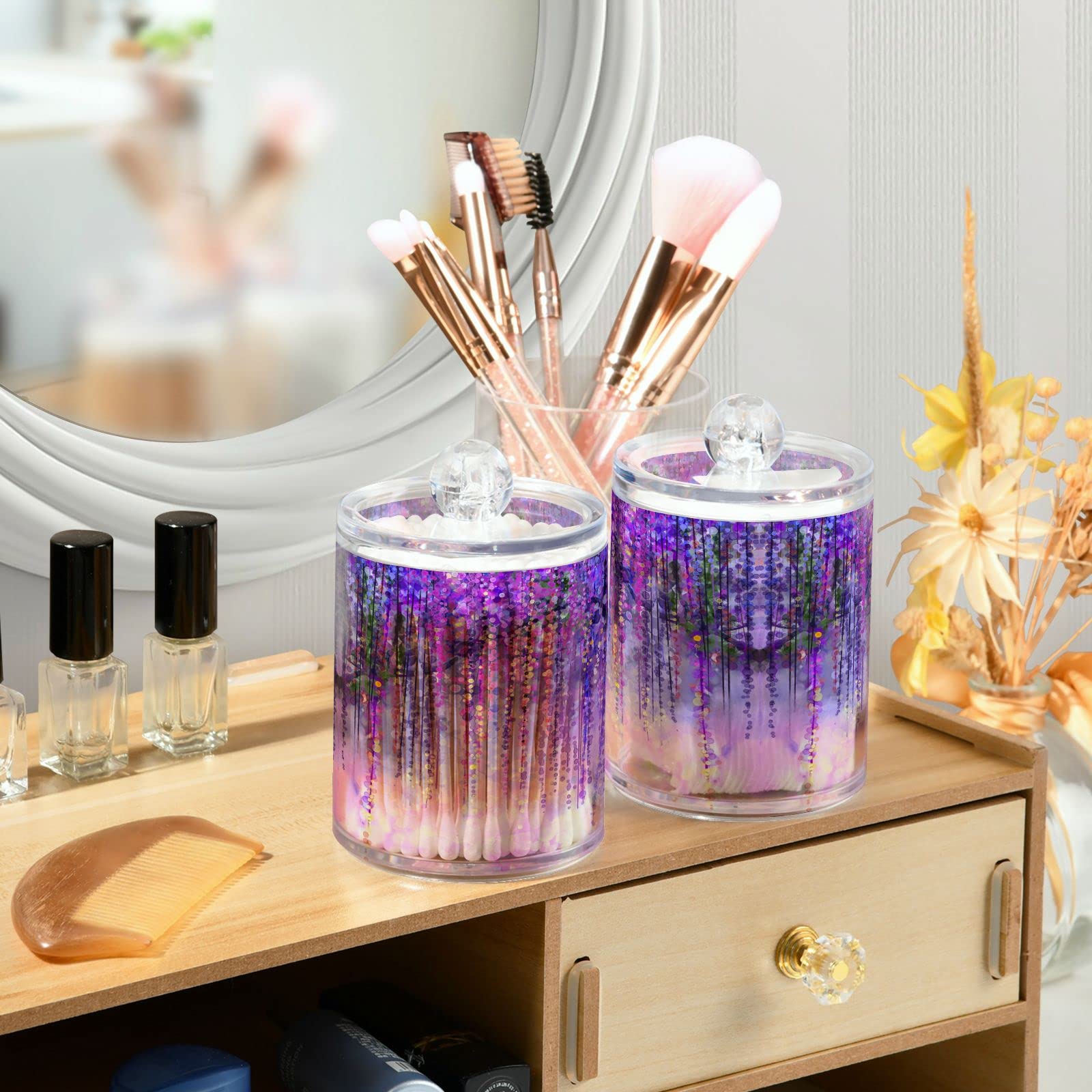 2 Pack Violet Q-Tip Holder & Organizer Dispenser - Bathroom Storage Canister for Cotton Swabs, Pads & Floss | Perfect for Vanity, Medicine Cabinet & Travel Toiletry Kit