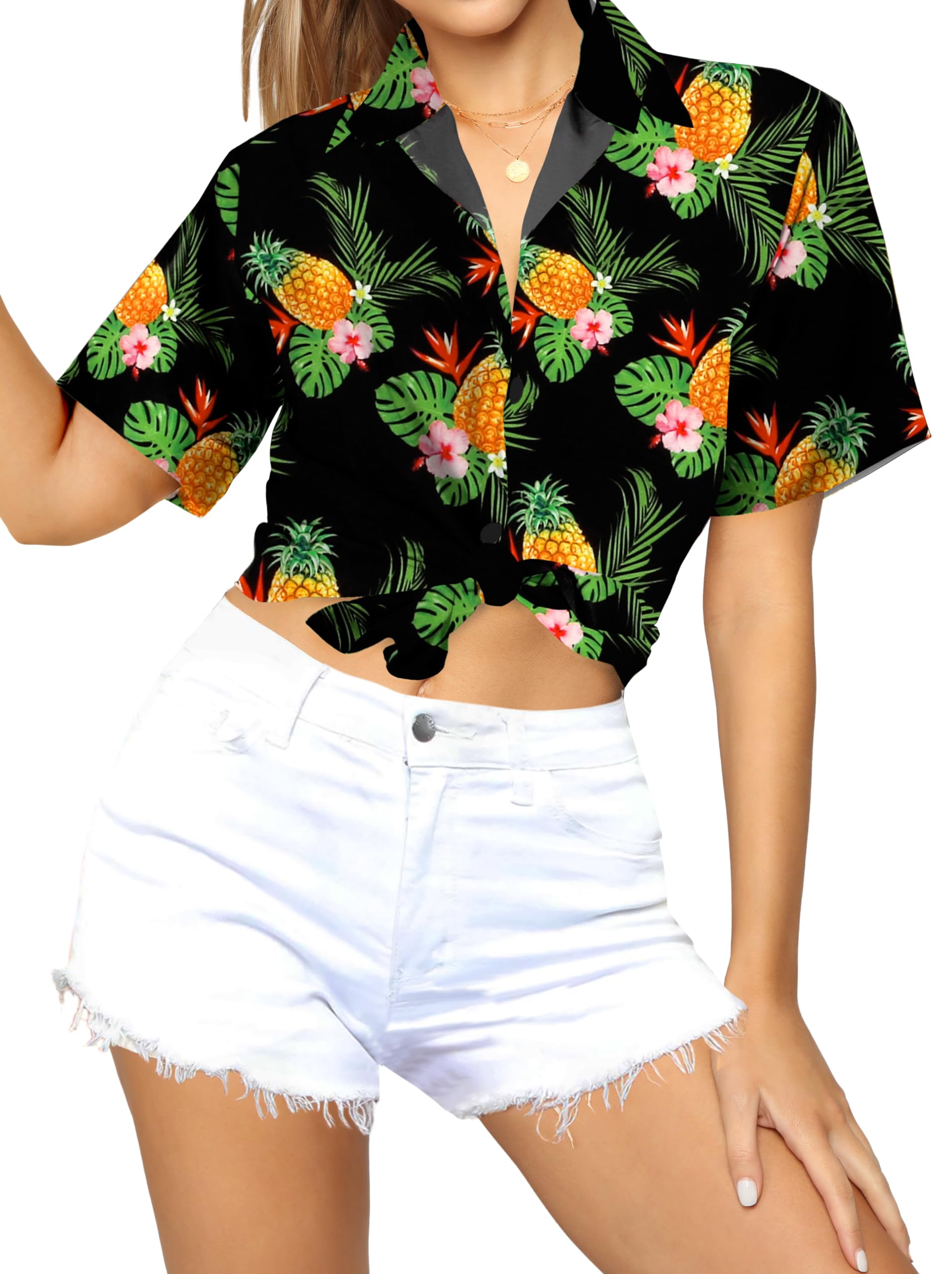 LA LEELA Women's Hawaiian Shirt - Short Sleeve Beach Blouse for Summer Vacation, Pool Party & Tropical Getaway