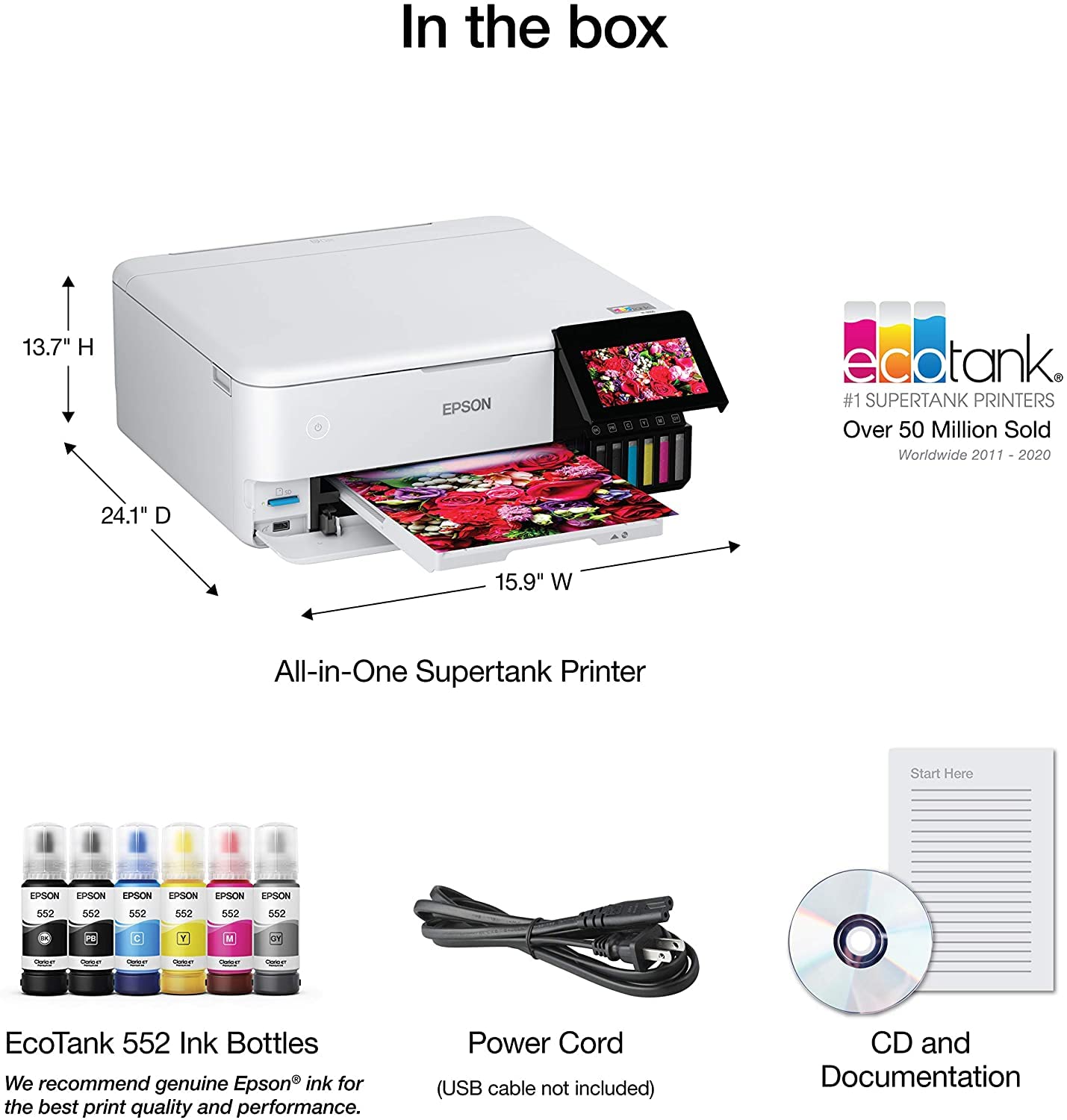 Epson EcoTank ET-8500 Wireless All-in-One Supertank Printer - Scanner, Copier, Fax - Auto 2-Sided Printing - High-Quality Photo & Document Printing - White - Includes Printer Cable - Perfect for Home Office & Small Business Use