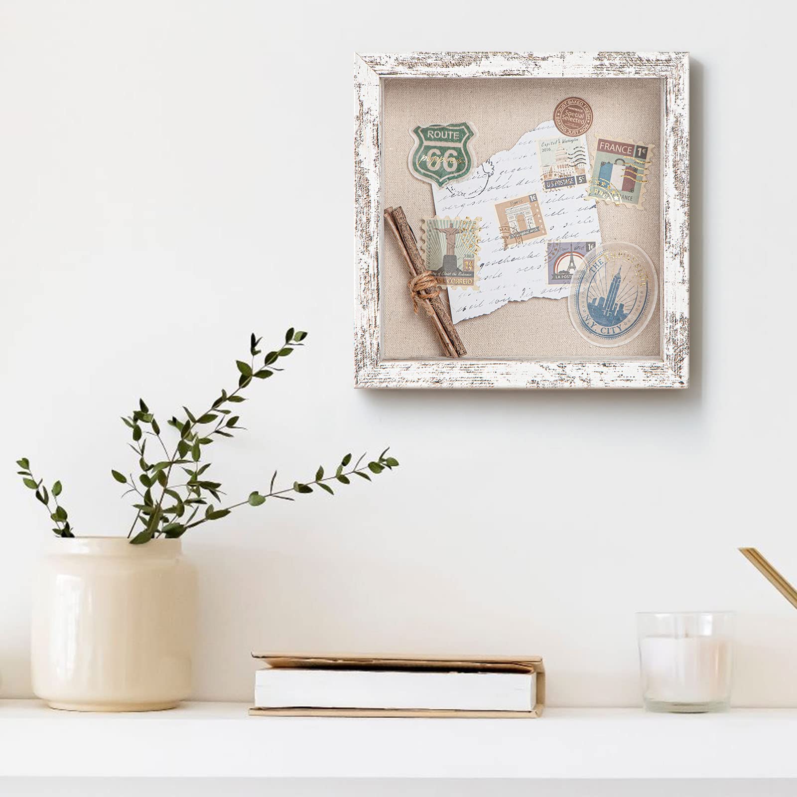 8x8 Shadow Box Frame with Soft Linen Back - Easy Opening Memory Display Case for Flowers, Pictures, Art and More - Rustic White - Perfect for Home Decor, Wedding Keepsakes, and DIY Craft Projects