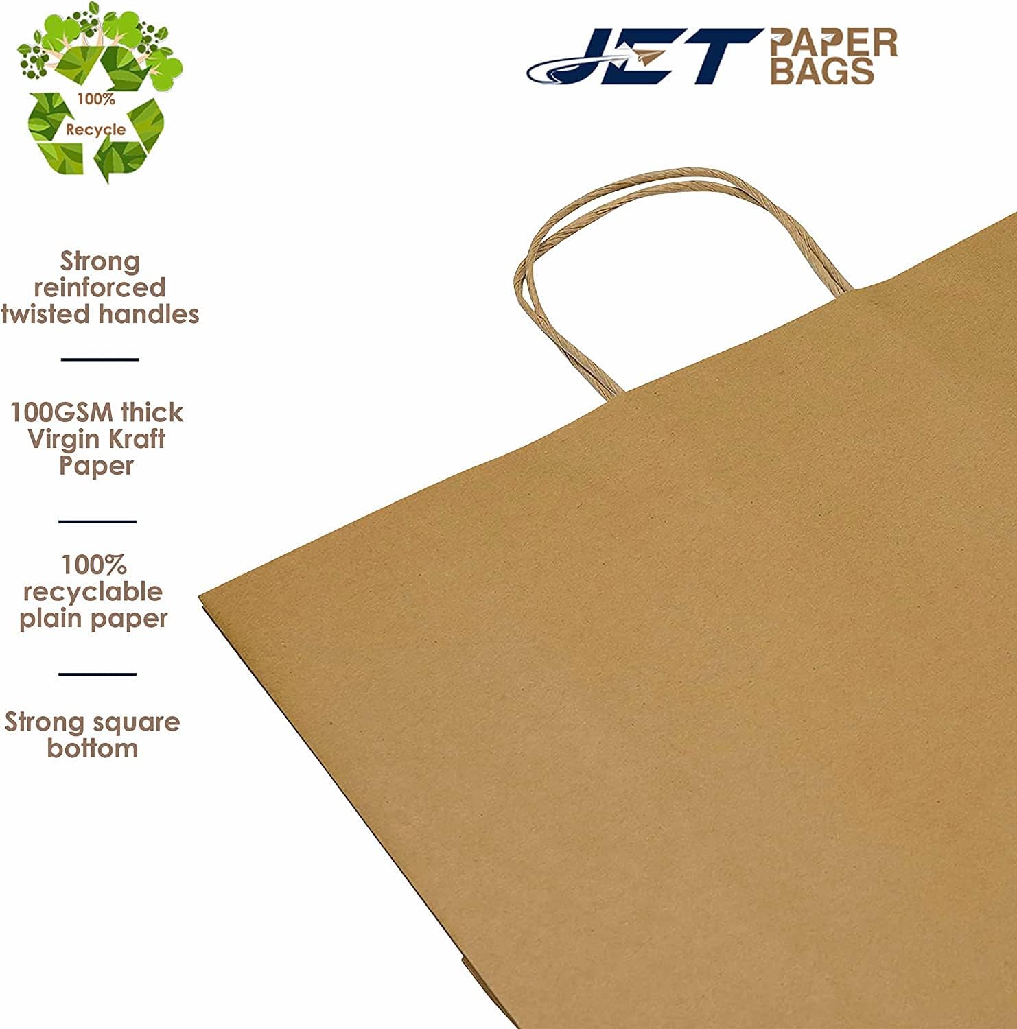 JET PAPER BAGS - 16x6x12 Inches [250 Pack] Large Brown Kraft Paper Bags with Handles for Takeout, Grocery, Retail, Parties, Gifts & Weddings - Eco-Friendly Recyclable Gift Bags - Perfect for Food Delivery, Shopping, Birthday Favors & Wedding Decorations