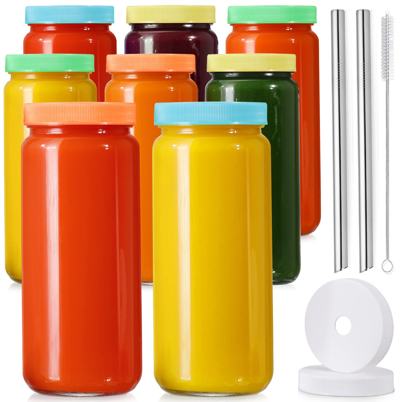 8 Pack 16oz Glass Juice Bottles with Lids & Straws - Reusable Mason Jars for Juice, Smoothie, Bubble Tea, Kombucha - Airtight Travel Drinking Cups for Home, Office, Gym & Outdoor Activities