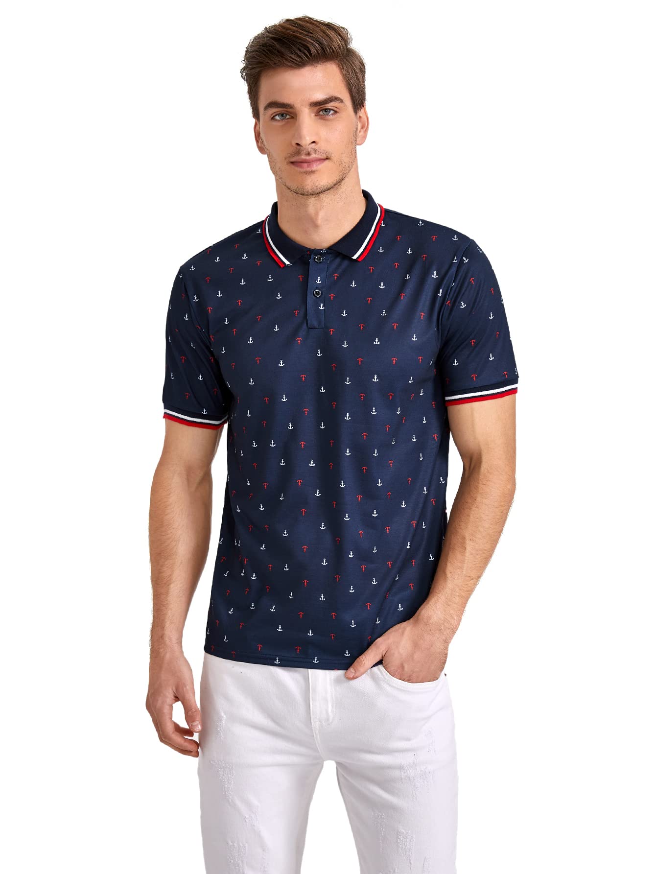 WDIRARA Men's Short Sleeve Polo Shirts - Color Block Design with Antler Embroidery - Breathable Work Shirt in Blue, Red & White - Perfect for Office, Golf & Casual Wear