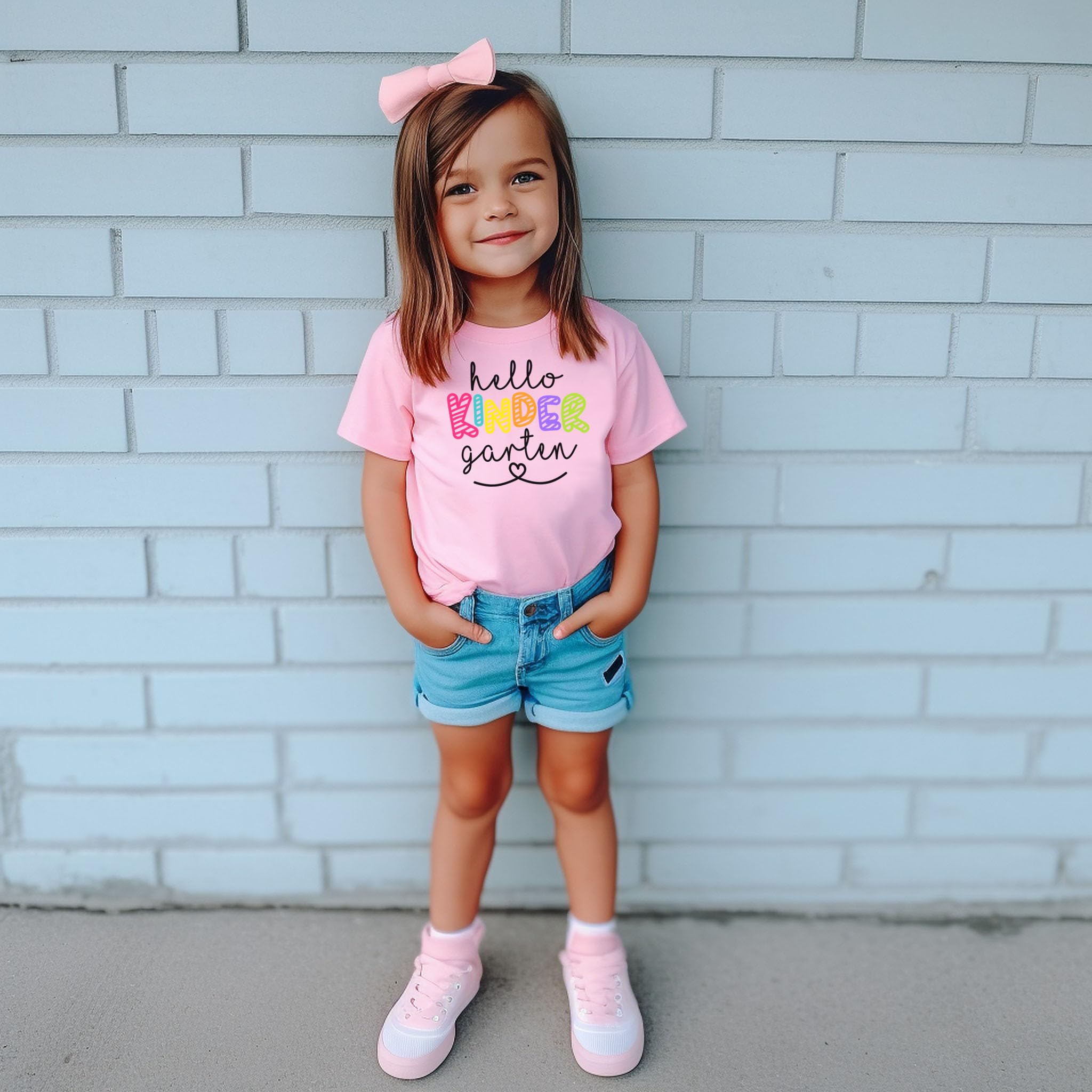 Olive Loves Apple Hello Kindergarten First Day of School T-Shirt - Cute Back to School Gift for Kids - Perfect for School Photos & First Day Celebrations