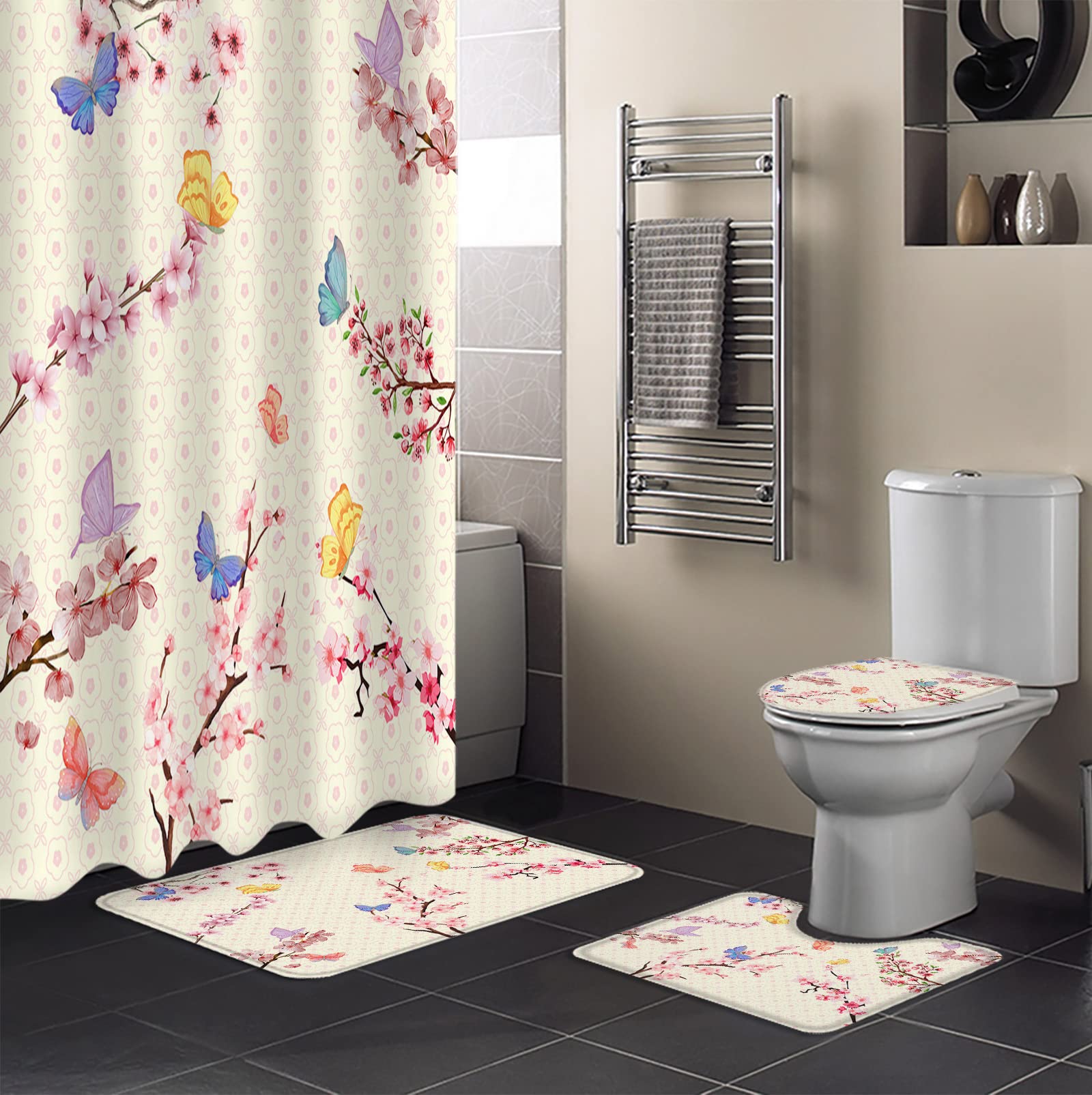 4-Piece Plum Blossom Shower Curtain Set with Plastic Hooks, Non-Slip Bath Mat, Toilet Cover & Soft Rug - Cherry Blossom Butterfly Bathroom Decor for Modern Home & Spa-Like Experience