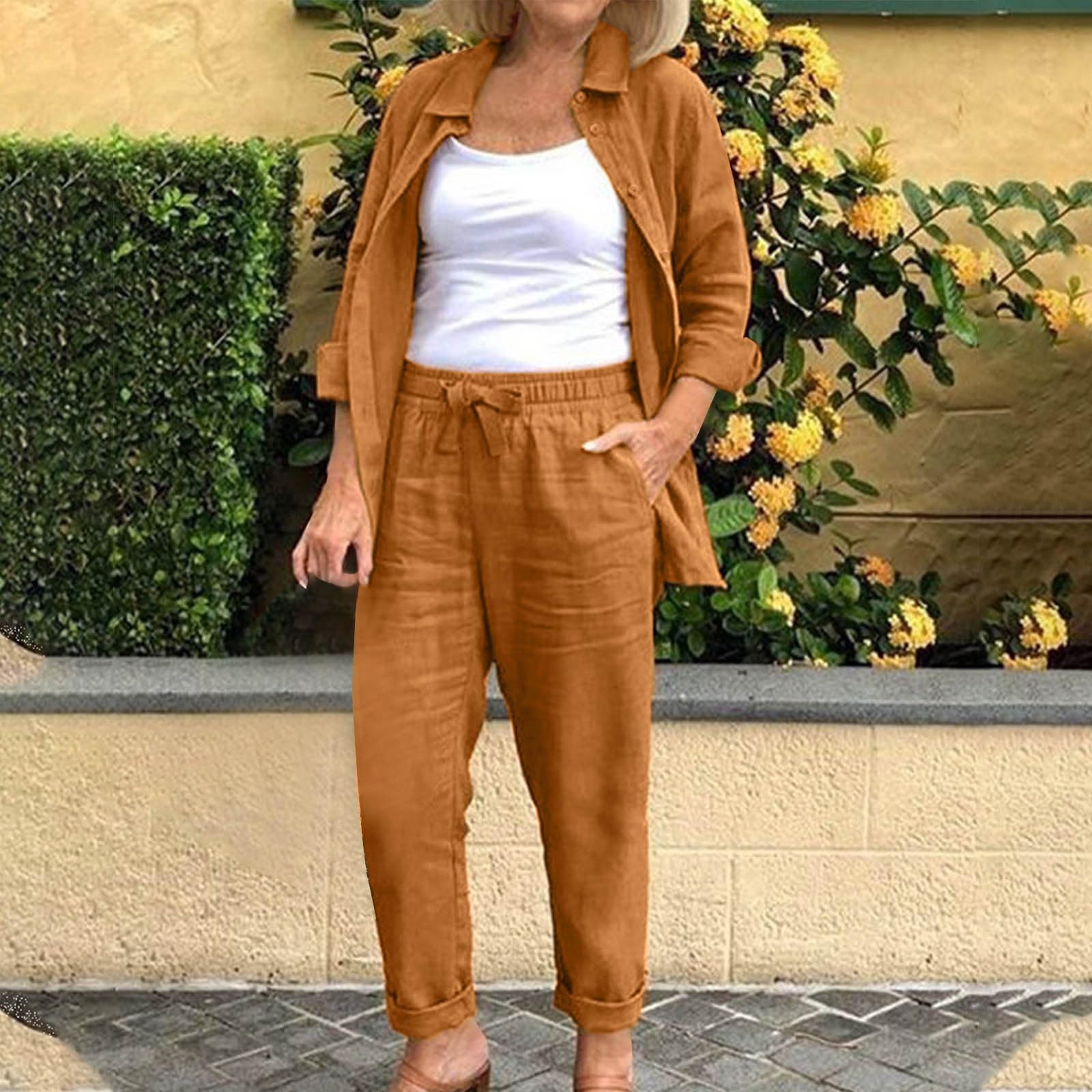 YMADREIG Women's 2-Piece Linen Outfit - Long Sleeve Button Down Shirt & Loose Linen Pants Set | Summer Casual Wear, Breathable Gauze Lounge Set for Home, Office & Vacation