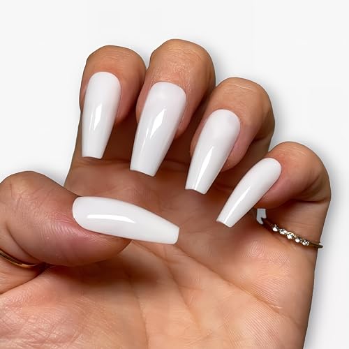 Shhagan Long Coffin Press on Nails - Glossy White Fake Nails with Glue & Tools Kit (12PCS) - Perfect for Parties, Weddings, and Daily Wear