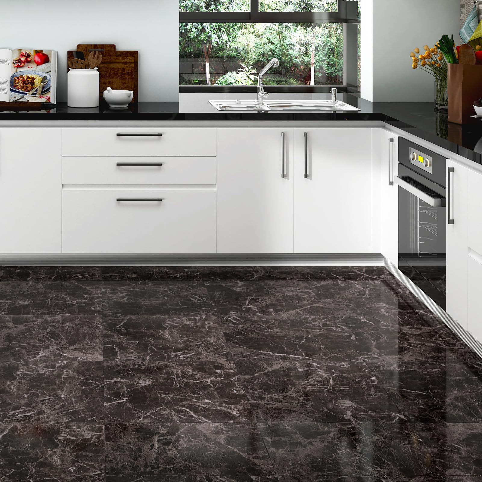 Waterproof Black Marble Peel and Stick Floor Tiles - 10 Pack 12