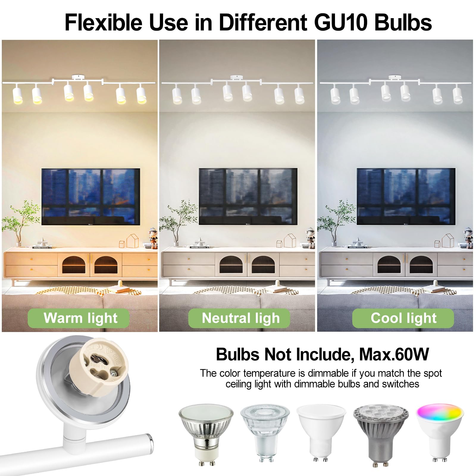 6-Light LED Track Lighting Kit - Flexible Rotatable GU10 Fixtures for Ceiling, Matte White (Bulbs Not Included) - Perfect for Kitchen Lighting, Home Office, Laundry Room & Modern Interior Design