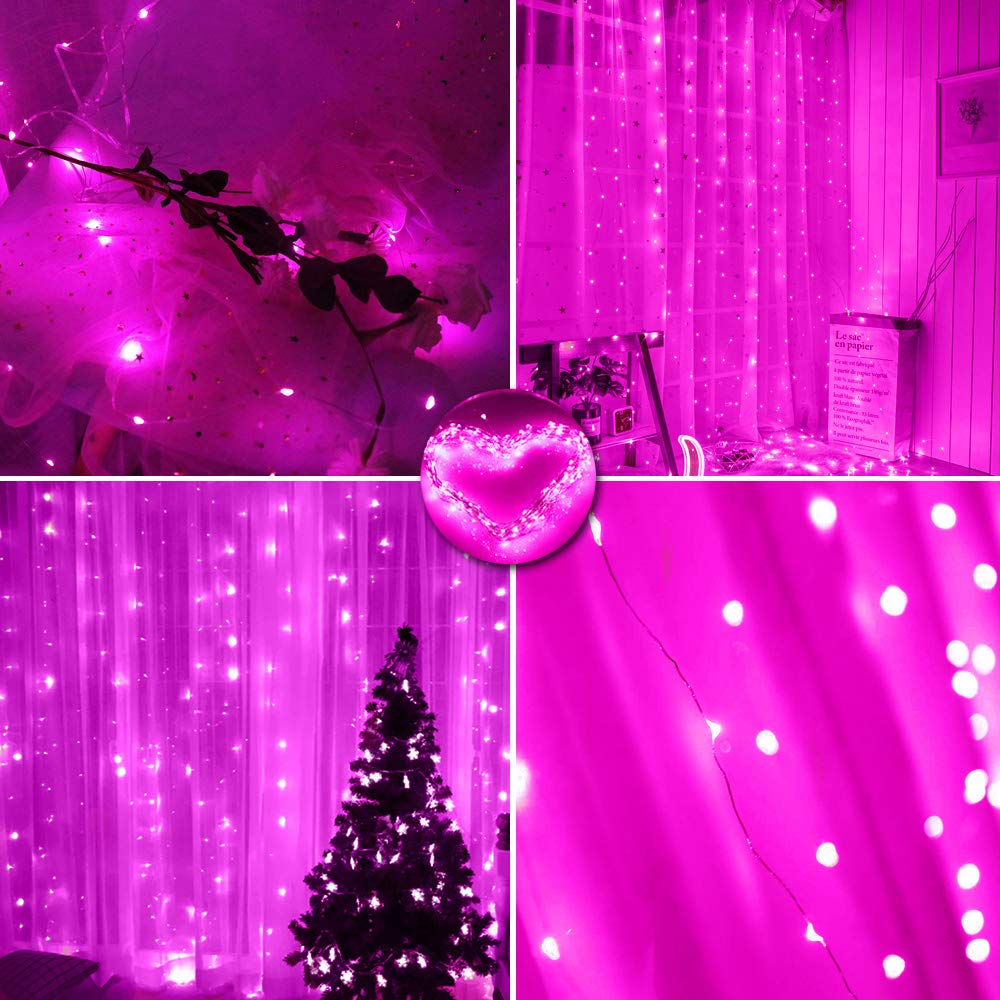 300 LED Curtain String Lights with Remote & Timer - USB Powered Pink Fairy Lights for Bedroom, Wall, Window Decor - 9.8ft x 9.8ft Indoor Twinkle Lights for Christmas, Valentine's Day, Tapestry & Party Decoration