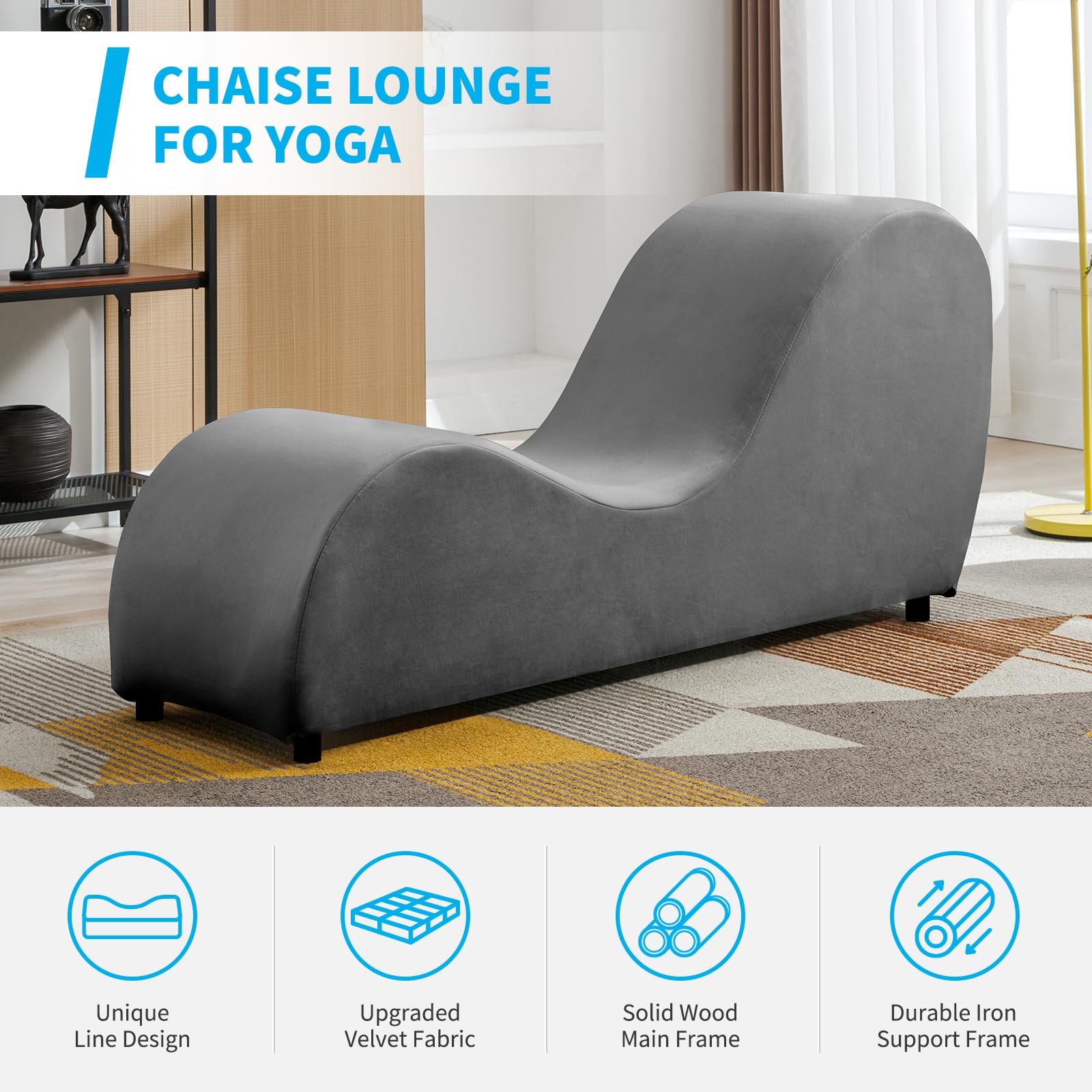 Premium Velvet Yoga Chaise Lounge Chair for Adults - Dark Gray Curved Sofa for Yoga Stretching & Relaxing | Living Room Lounge Chair, Apartment Exercise Furniture | Perfect for Meditation, Home Workouts & Cozy Reading Nook