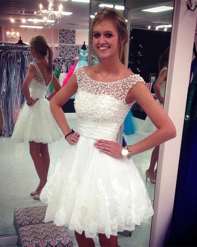 Elegant White Lace A-Line Cap Sleeve Homecoming Dress with Pearl Beading - Perfect for Prom, Formal Dances & Special Occasions