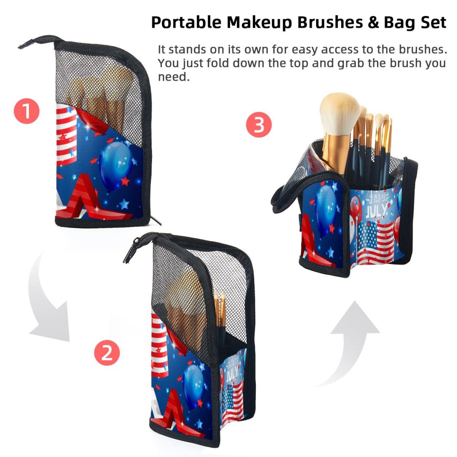 12-Piece Makeup Brush Organizer Bag with Portable Case - Travel Cosmetic Brush Holder Set for Independence Day & Everyday Use - Perfect for Makeup Artists, Travel & Home Storage