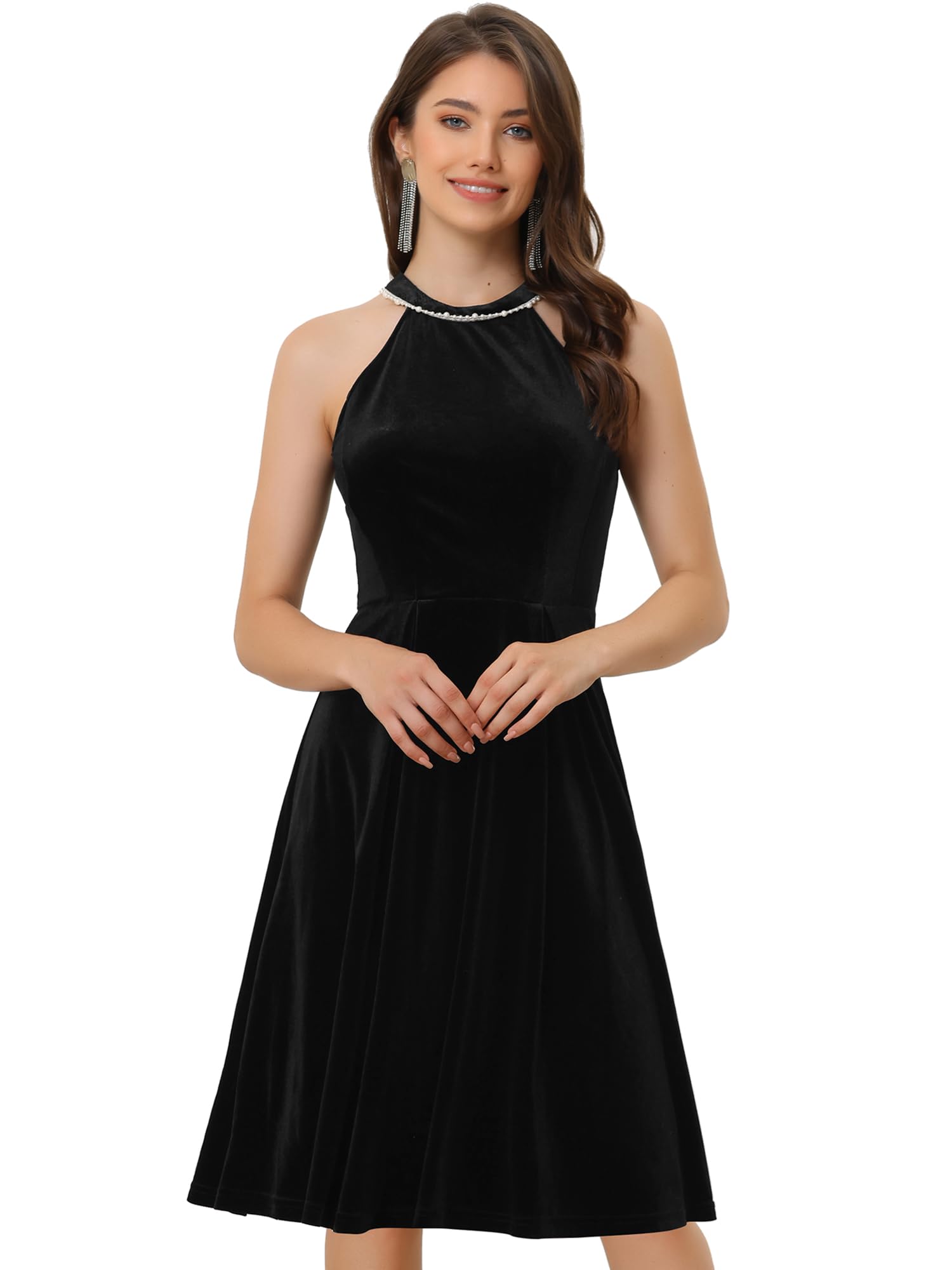 Allegra K Women's Formal Velvet Halter Neck Sleeveless Cocktail Dress with Pearl Details - Perfect for Evening Parties, Weddings & Holiday Events