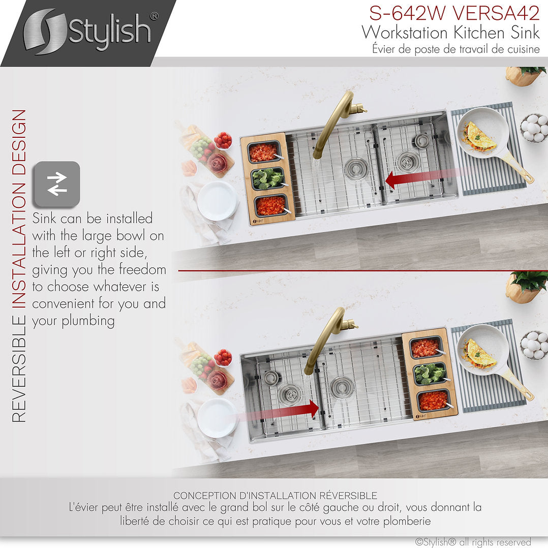 42 Inch Stainless Steel Undermount Double Bowl Kitchen Sink - Stylish S 642W 70/30 Workstation with Accessories | Perfect for Modern Kitchens, Restaurant Prep & Commercial Use