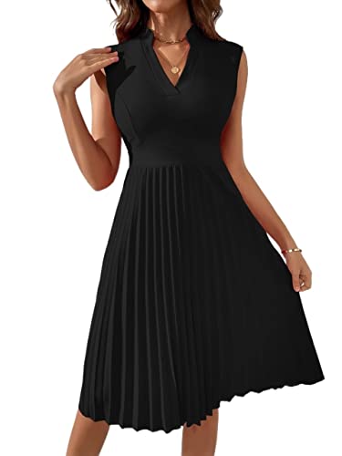 **2023 Women's Summer Stand Collar Pleated Maxi Dress - Solid Color Notched-Line Flowy Dress for Beach, Vacation & Casual Wear**
