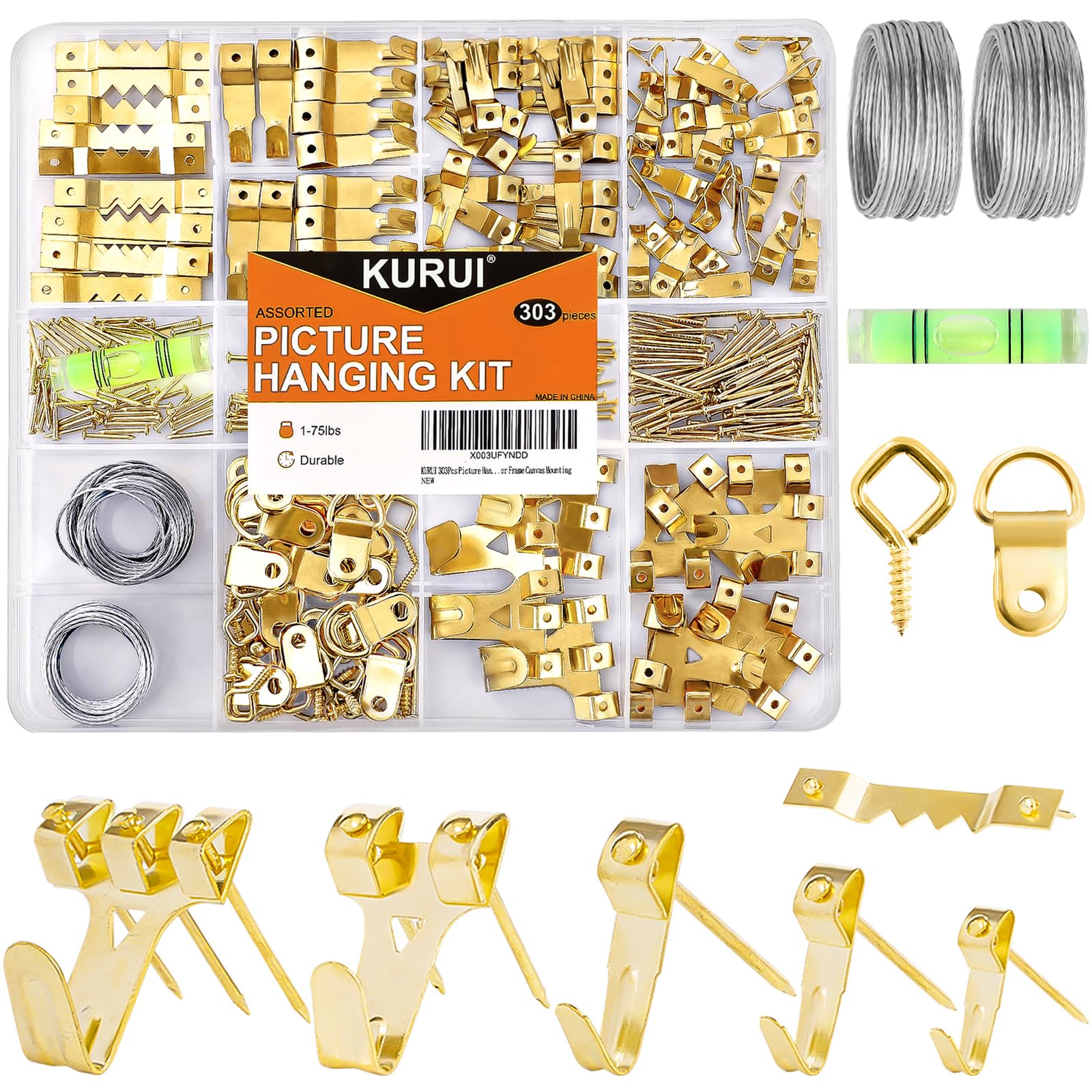 KURUI 303Pcs Heavy Duty Picture Hanging Kit - Wall Hooks, Sawtooth Hangers, D Rings, Picture Wire & Mounting Nails for Frames, Canvas & Wall Art - Perfect for Home Decor, Gallery Display & DIY Projects