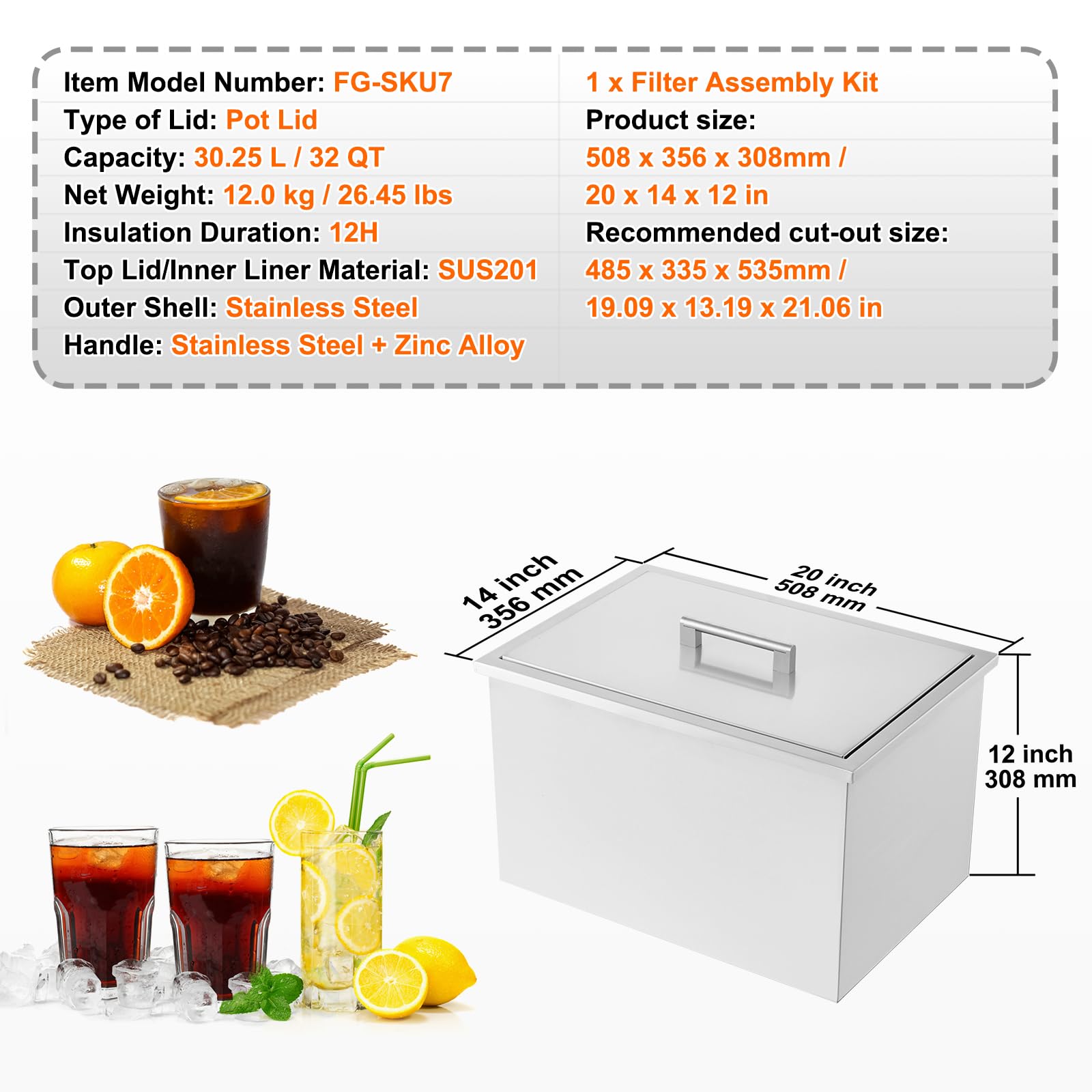 VEVOR 32 Quart Stainless Steel Drop-In Ice Chest Cooler - 20