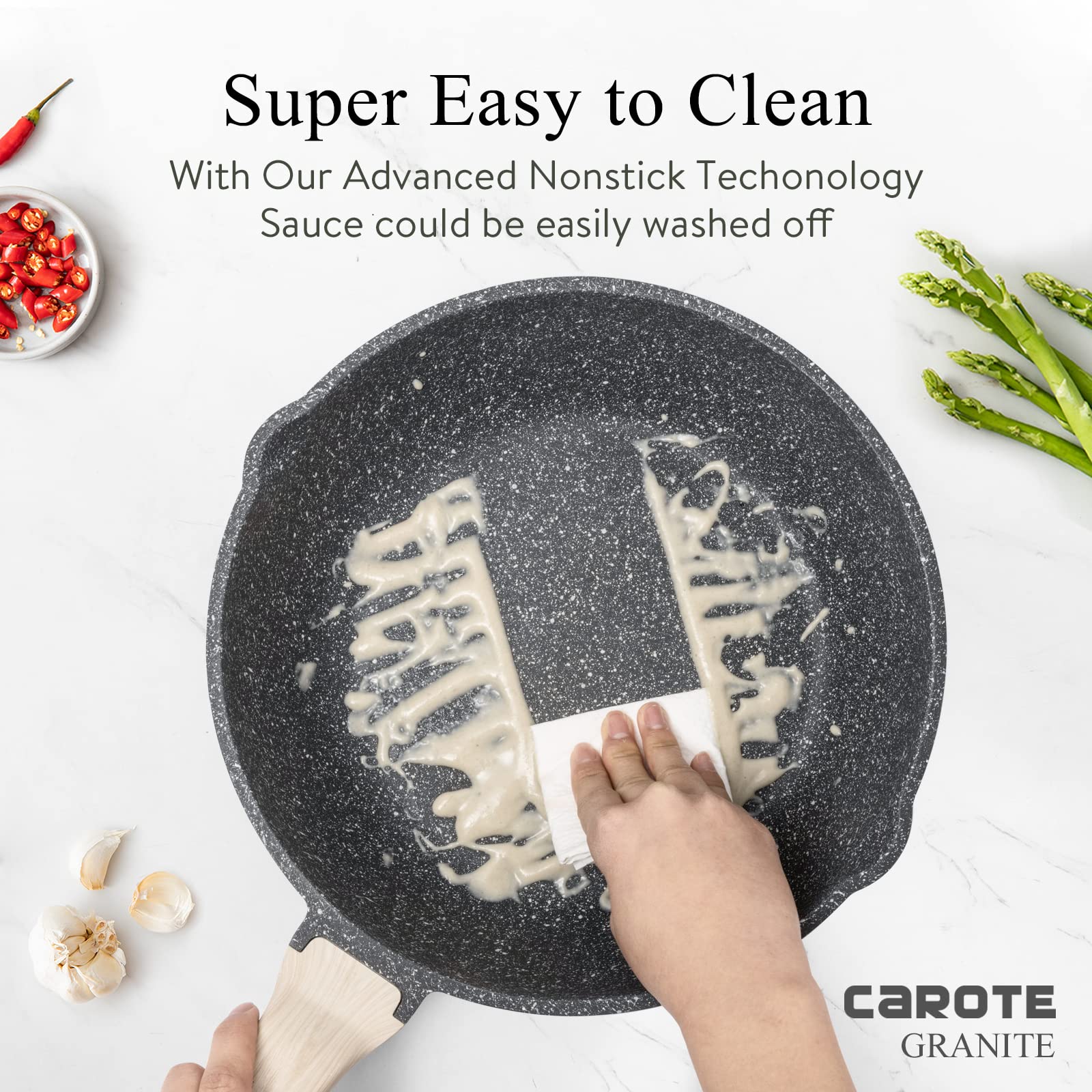 CAROTE 12-Inch Nonstick Deep Frying Pan with Lid - 5.5 Qt Jumbo Cooker Saute Pan, Induction Compatible Skillet with Pour Spout - PFOA-Free Granite Coating - Perfect for Frying, Searing & Sauteing - Ideal for Home Cooking & Professional Kitchens