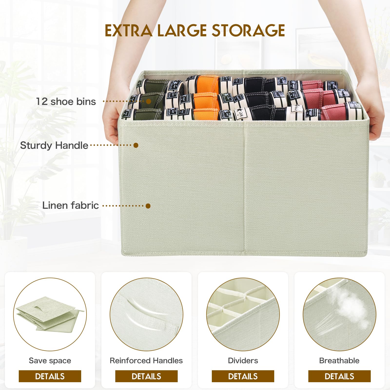 3 Pack Fabric Shoe Organizer for Closet - Foldable Storage Bins Holds 36 Pairs, Cube Cabinet with Reinforced Handles (Beige, 16.5