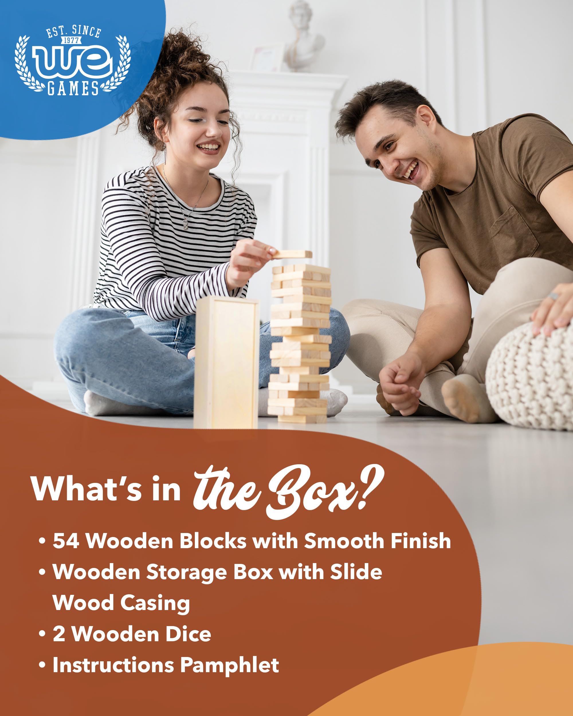 WE Games Wooden Block Stacking Party Game for Adults - Fun Tumble Tower Wedding Guest Book Alternative - Tabletop Games with Storage Case (12 inches) - Perfect for Parties, Weddings & Family Game Nights