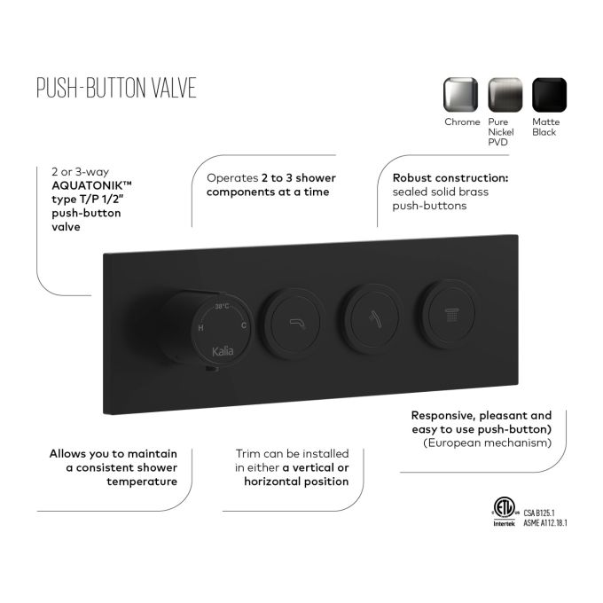 KALIA KAREO TB2 Thermostatic Shower System - 2 Way Push Button Wall Mounted Shower Mixer for Modern Bathroom, Perfect for Spa-Like Experience at Home