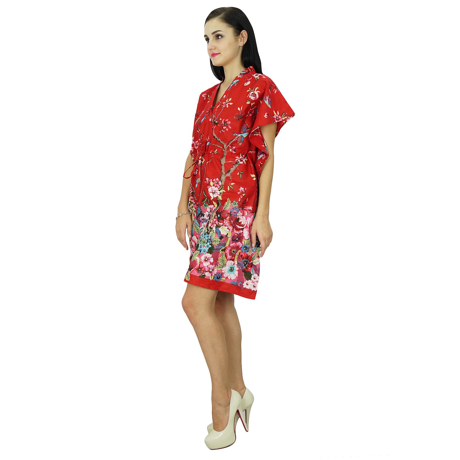 Bimba Women's Floral Kaftan Dress - Cotton Beach Cover Up Short Caftan for Summer Vacation, Pool Party & Boho Outfit