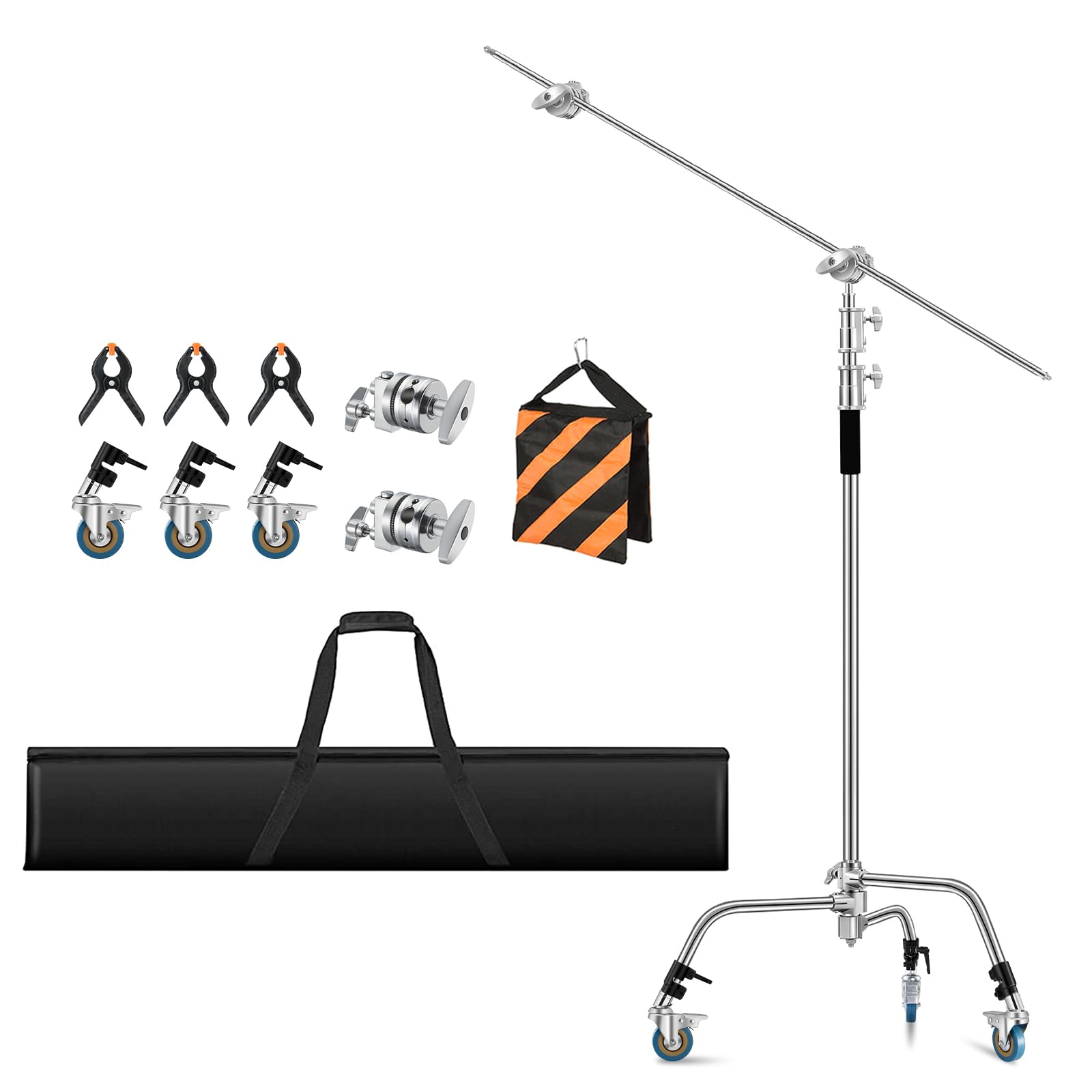 Heavy Duty 11.3ft/345cm C Stand with 4.2ft/128cm Boom Arm & Wheels - Professional Stainless Steel Century Stand for Photography Studio, Video Lighting - Perfect for Reflectors, Umbrellas, Softboxes & Monolights - Ideal for Film Sets, YouTube Studios & Commercial Photography